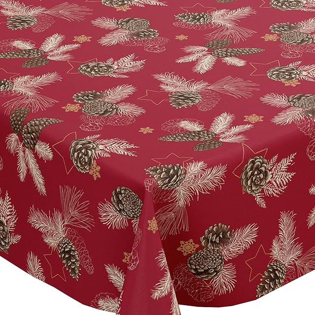 Karina Home Christmas Pine Cones Red PVC Vinyl Wipe Clean Oilcloth Tablecloth (Red, 200cm x 140cm)