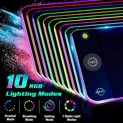 Miniatura 4 de Alfombrilla de mouse LED RGB con cargador inalámbrico de 15 W, con 10 modos de luz, alfombrilla de mouse extra grande, base de goma antideslizante,