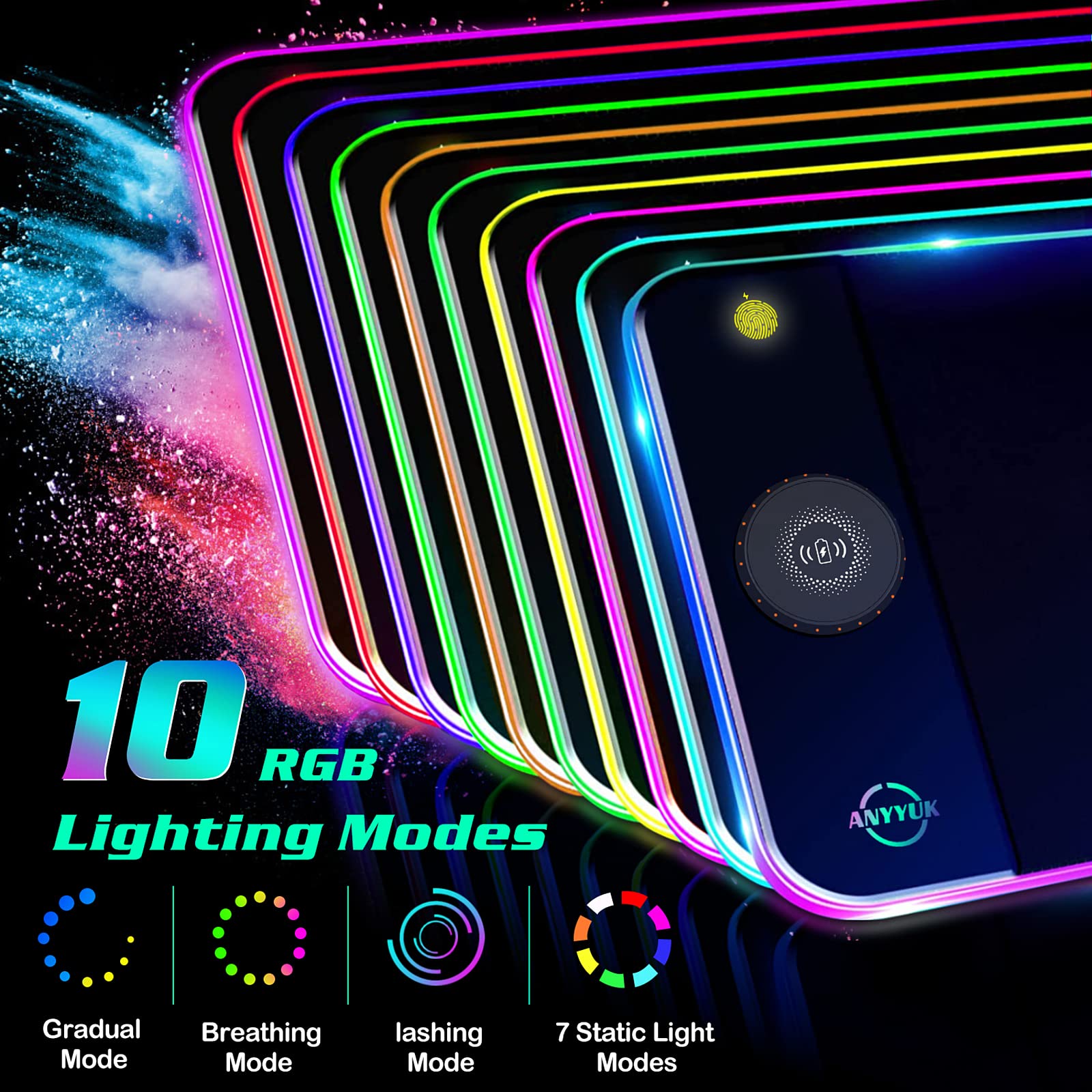 Tappetino per mouse RGB LED con caricabatterie wireless da 15 W, tappetino per mouse da gioco con 10 modalità di illuminazione, tappetino per mouse extra large con base in gomma antiscivolo, tappetino