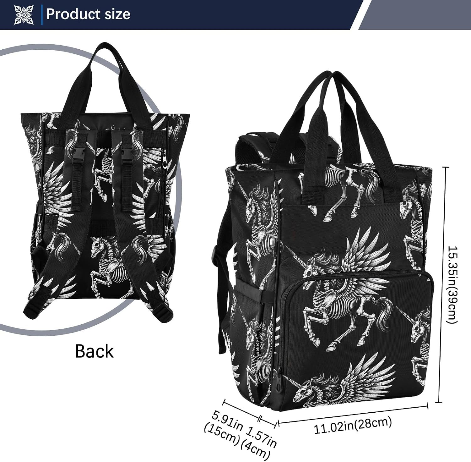 Diaper Bag Backpack Tote Multifunction Baby Nappy Changing Bags Skeleton Of Unicorn Large with Stroller Straps Travel
