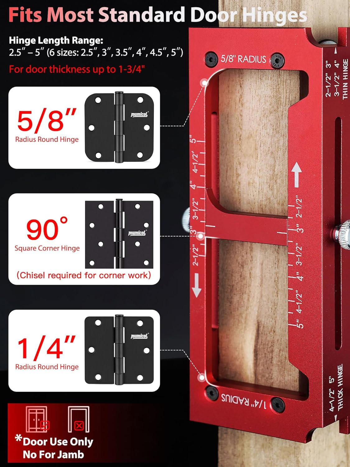 Door Hinge Jig & Lock Hole Drilling Kit – Adjustable Aluminum Router Template for Hinge Mortising (2.5"-5", 1/4"R, 5/8"R, Square Corner) – For 1-3/8" & 1-3/4" Thick Doors
