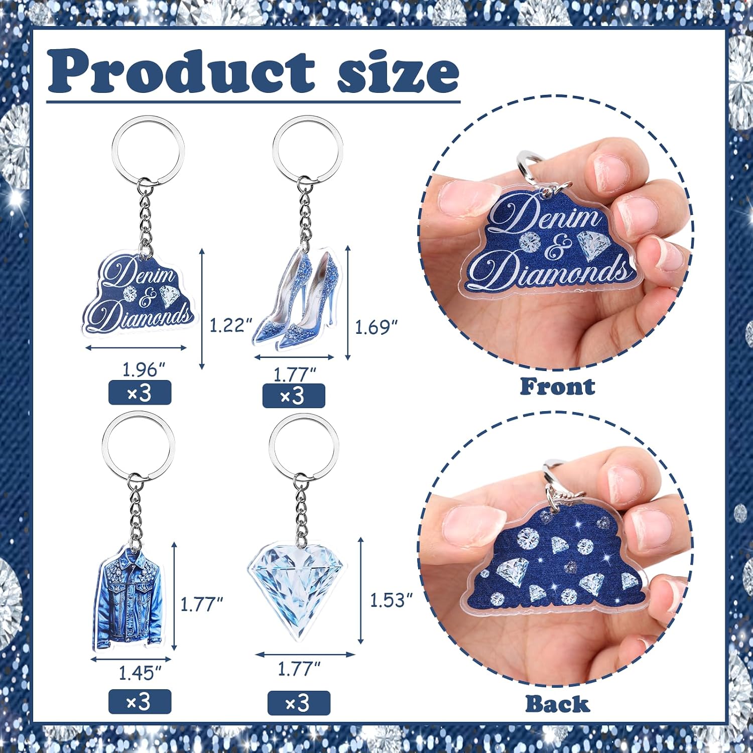 Serencatcher 12Pcs Denim and Diamonds Keychain Party Favors, Denim and Diamonds Acrylic Keyrings with Double-Sided Printing for Blue Jean Birthday Bachelorette Baby Shower Bridal Shower Favors Gifts