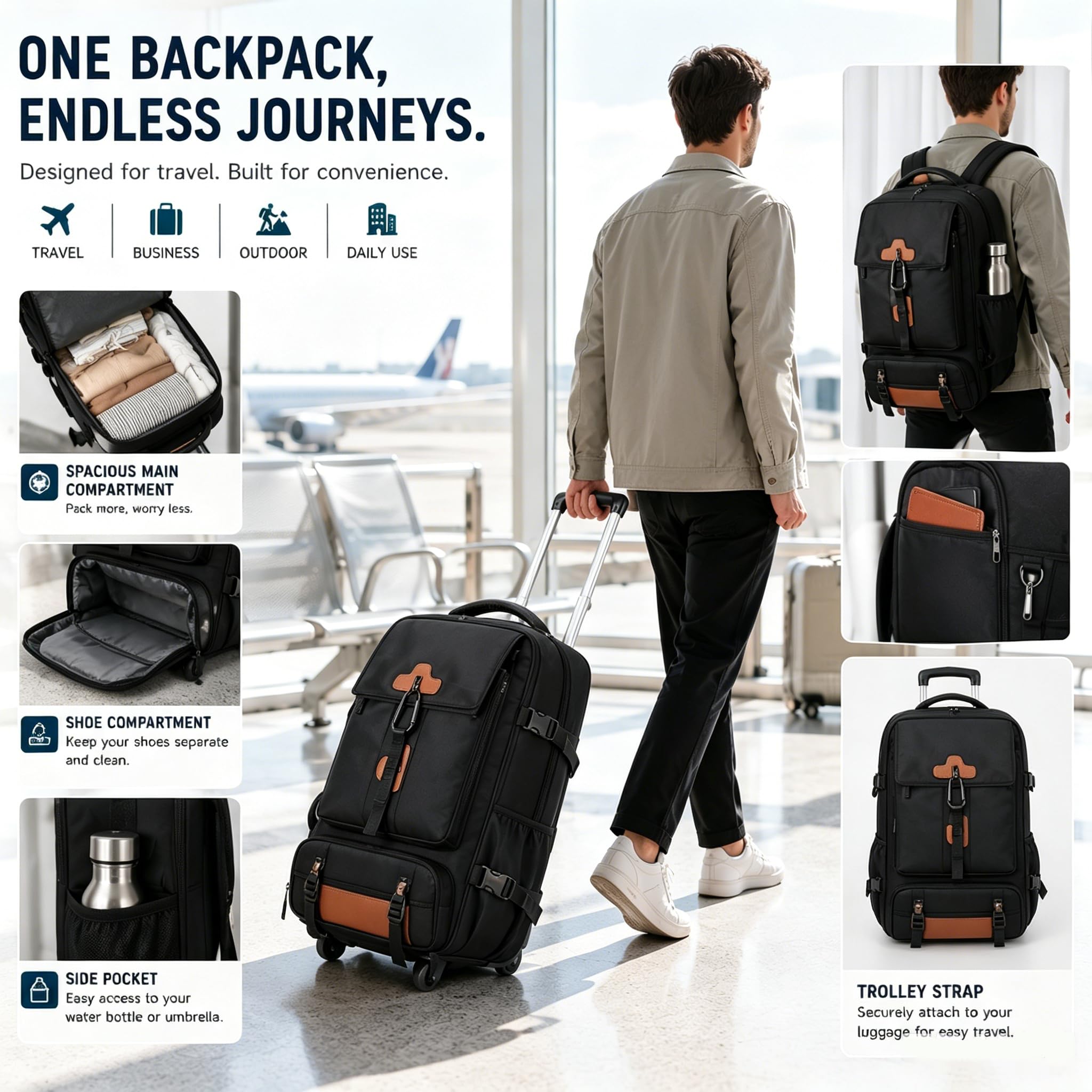 Zaino Trolley Viaggio Grande, Zaino Trolley Viaggio con Ruote per Uomo Donna, Grande Capacità 30L Tessuto Oxford per Outdoor Campeggio Lavoro (Nero)