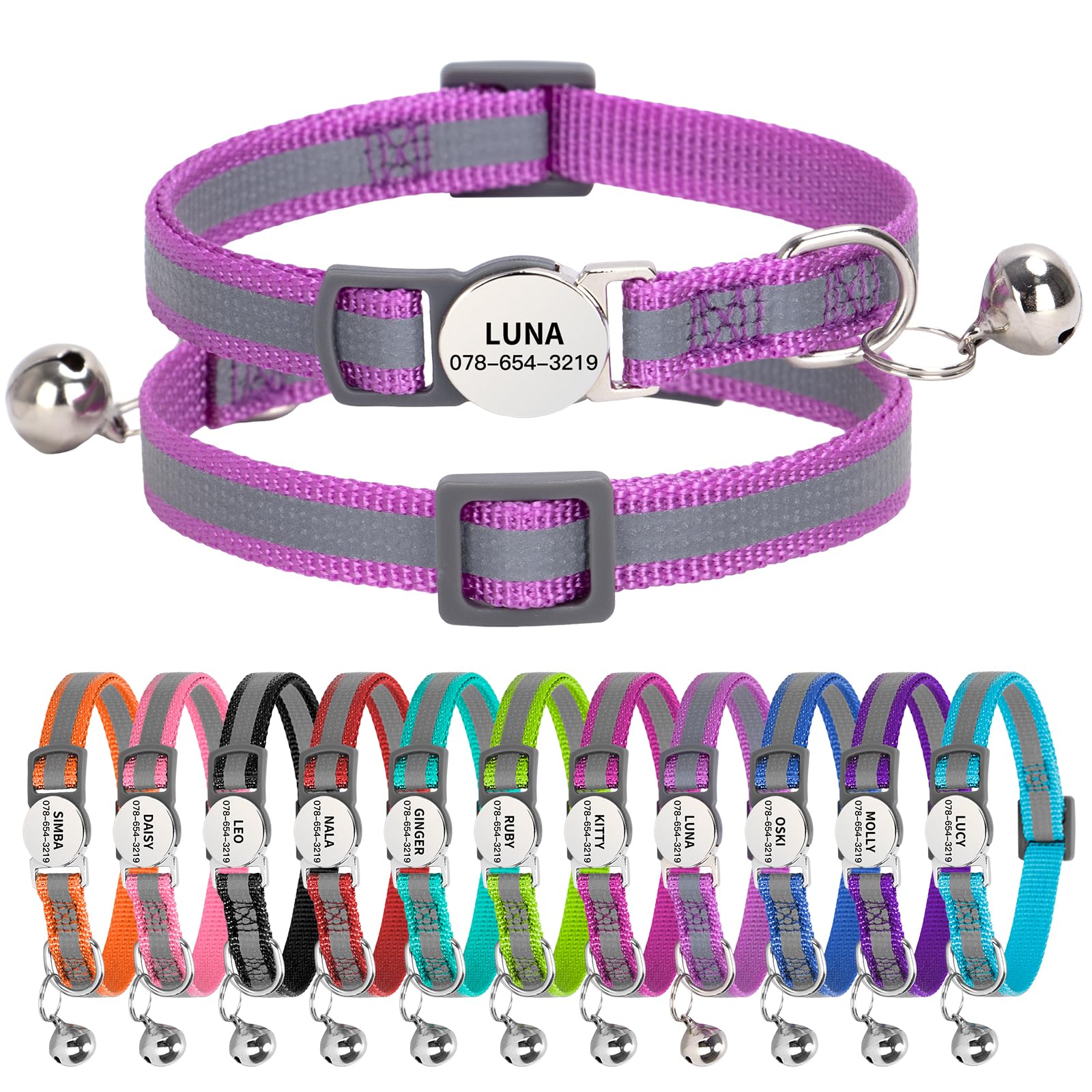 Personalised Reflective Cat Collar with Name Tag,Quick Release Kitten Collars with Bell Safety Buckle, Adjustable Nylon Cat Collar for Cats Kittens UK Prime (19–30 cm, Purple Strip) — image 1