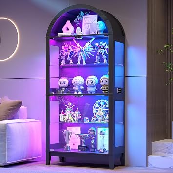 Lvifur Arched Glass Display Cabinet with RGB Lights for Collectibles,Black