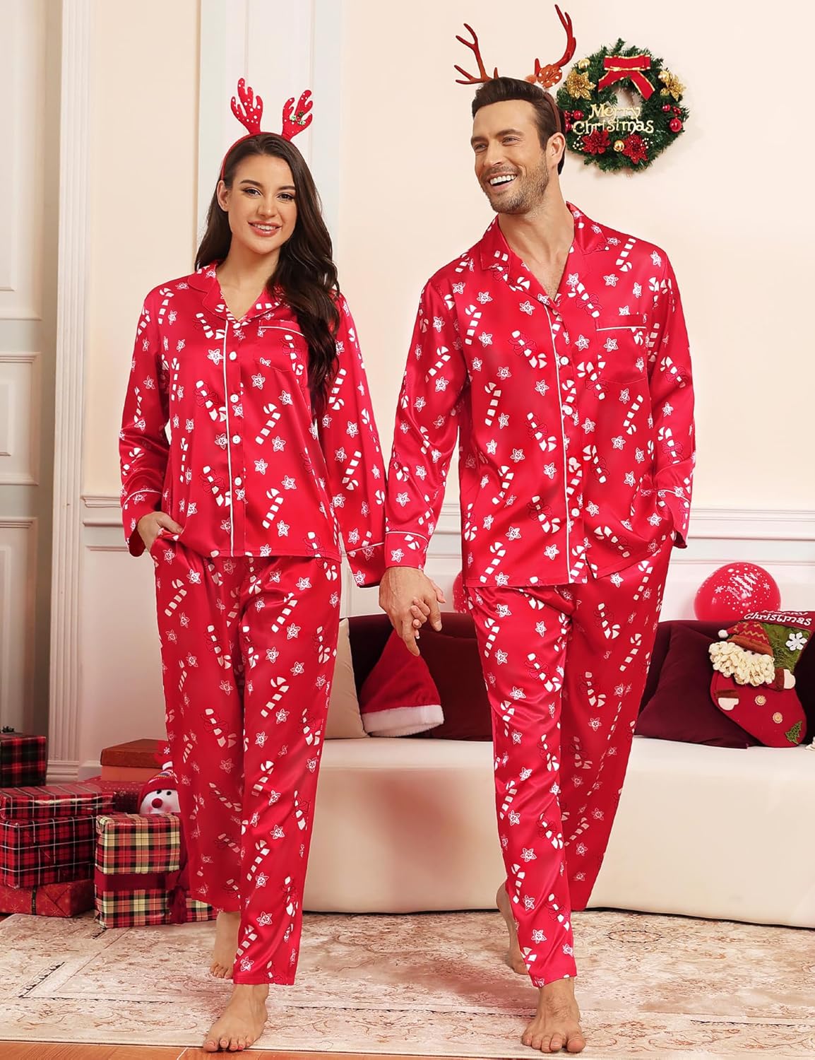 SWOMOG Couples Satin Pajamas Set Womens & Mens Matching Silk Long Sleeve Sleepwear 2 Piece Button Down Pjs Set Lounge Set - Image 2