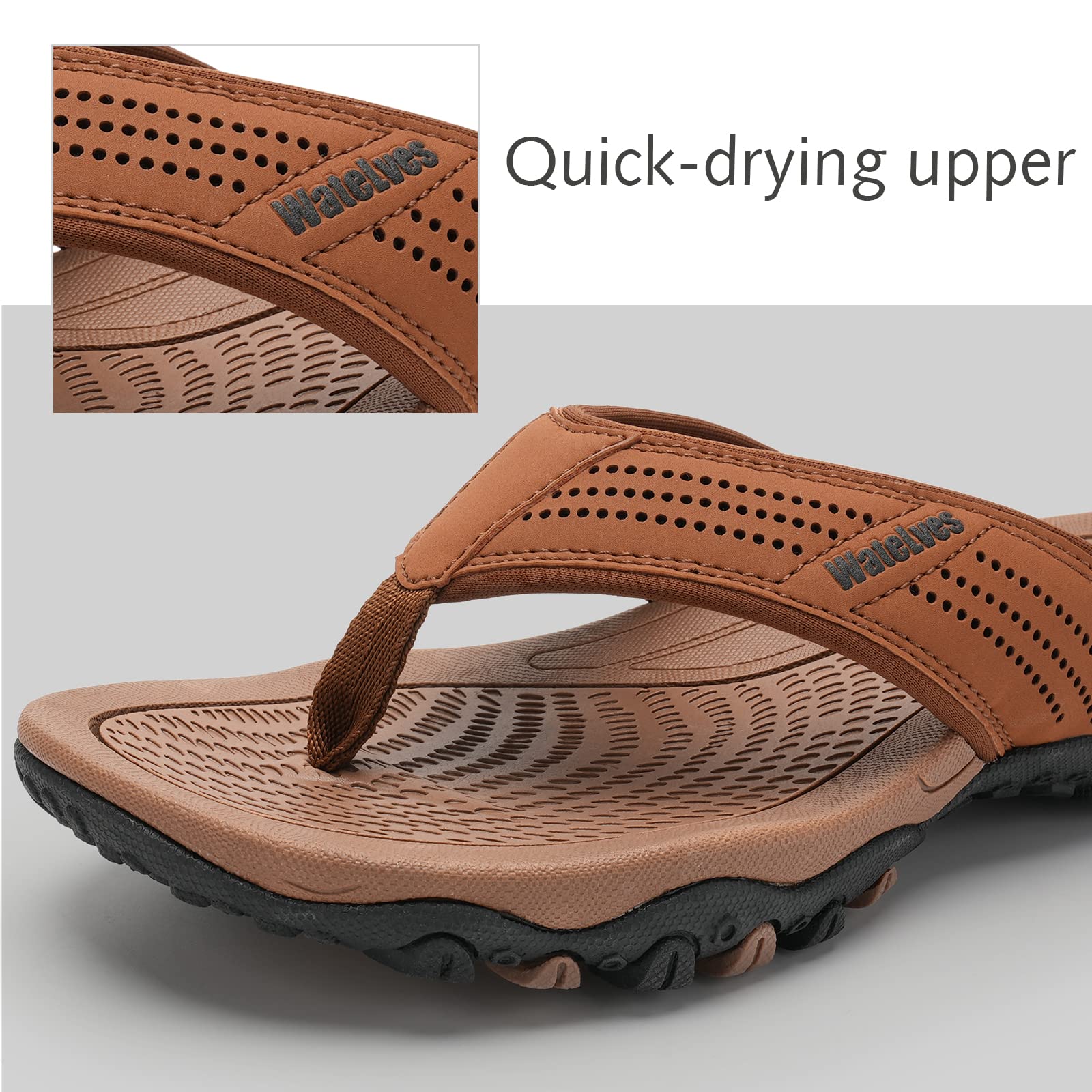 WateLves Herren Flip Flops Zehentrenner Leder mit Arch Support Sandalen Weich Leder Stoff Badelatschen Sommer Beach Rutschfest Hausschuhe Pantoletten