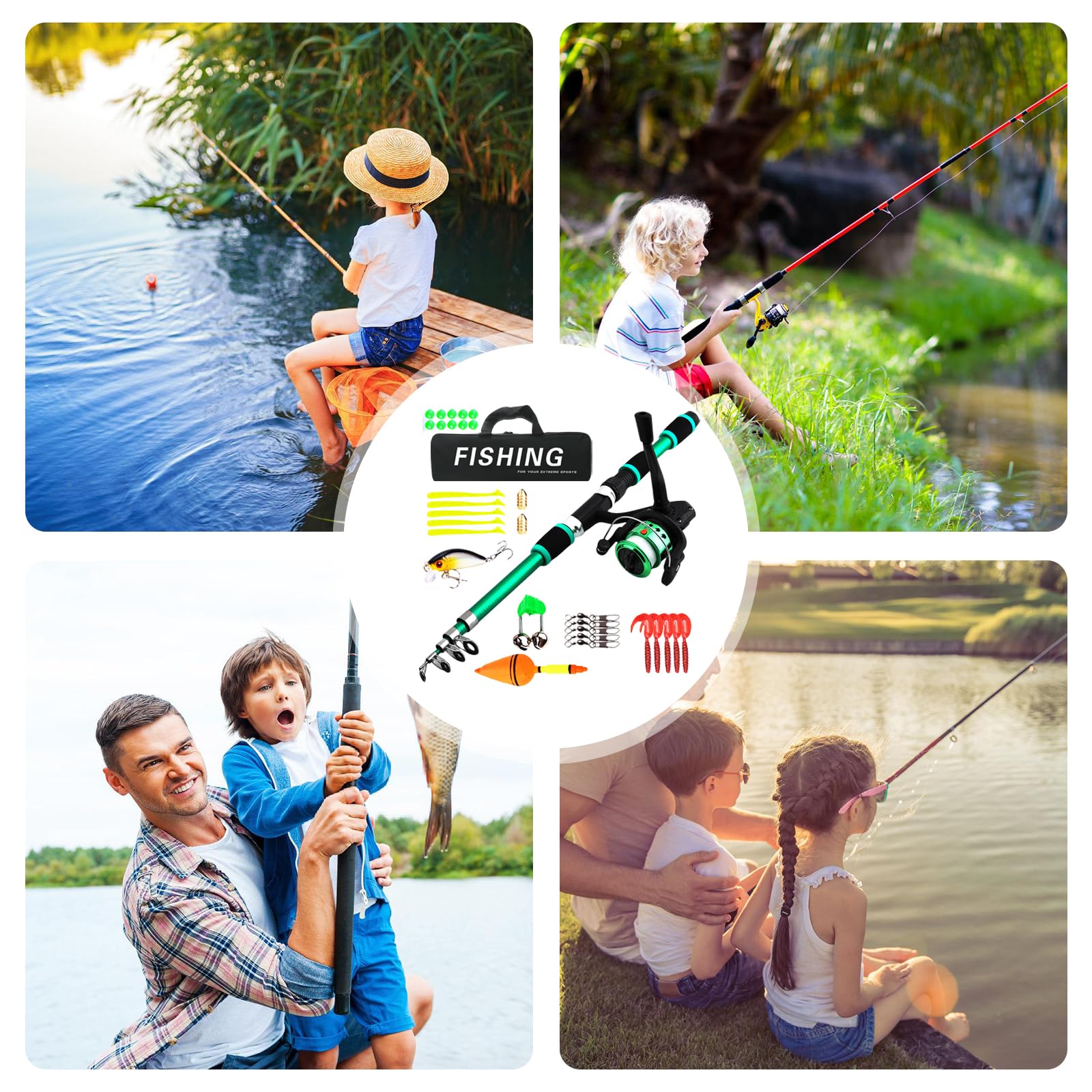 Juego de caña de pescar para niños, juego de cañas de pescar para niños, juego de iniciación, caña de pescar telescópica de 1,8 m con carrete y juego de cebo, accesorios para niños de 3 a 10 años