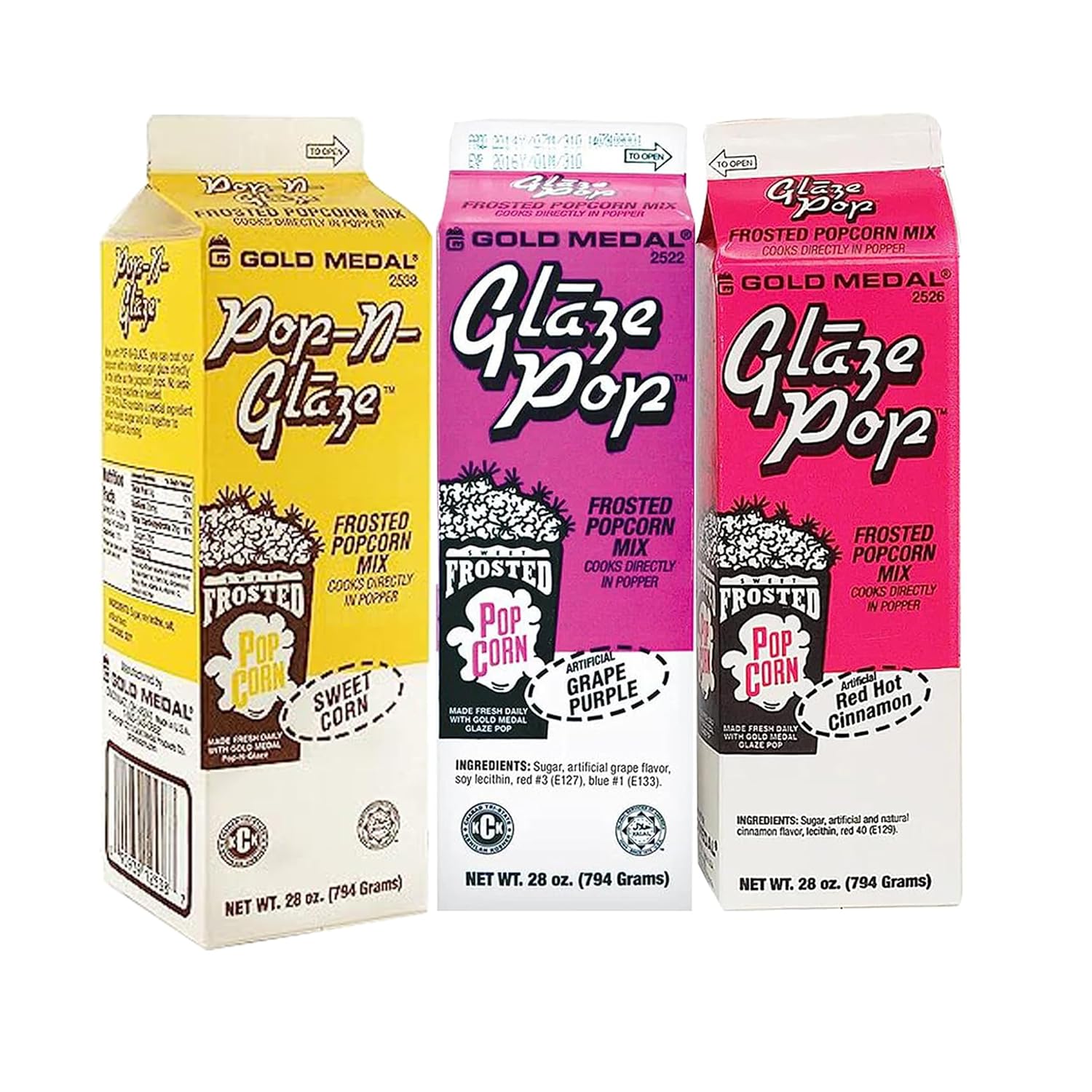 BeeQ BEEQ - (Pack of 3) Glaze Pop Popcorn Flavoring | 3 Different Flavors : Red Cinnamon, Sweet Corn and Grape purple | 28 oz carton