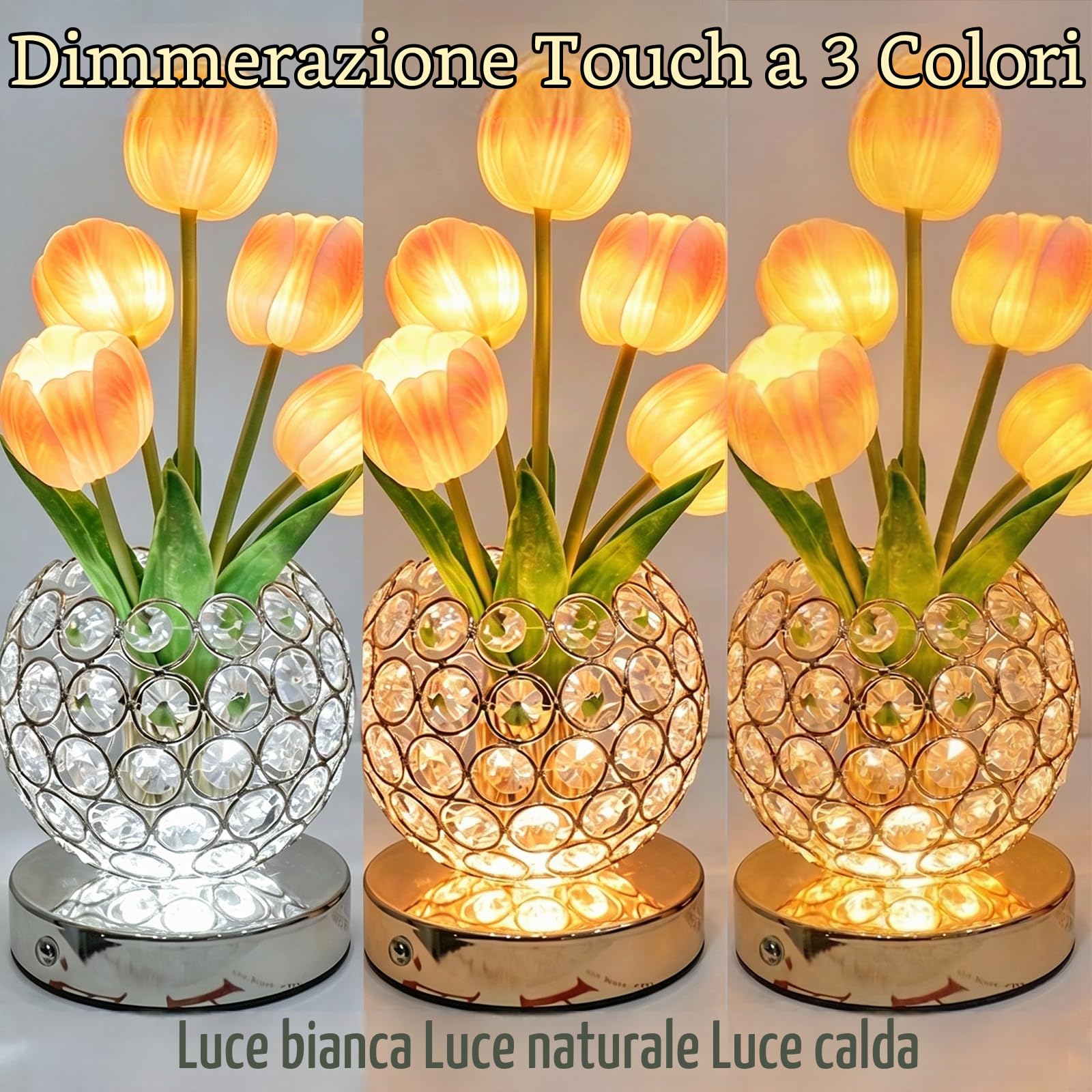 Lampada da Tavolo LED Con Tulipani, Lampada Con Fiori in Cristallo, Luce Notturna USB Ricaricabile, 3 Colori E Sfumature Infinite, Lampada Da Tavolo, Regalo Romantico per Donne