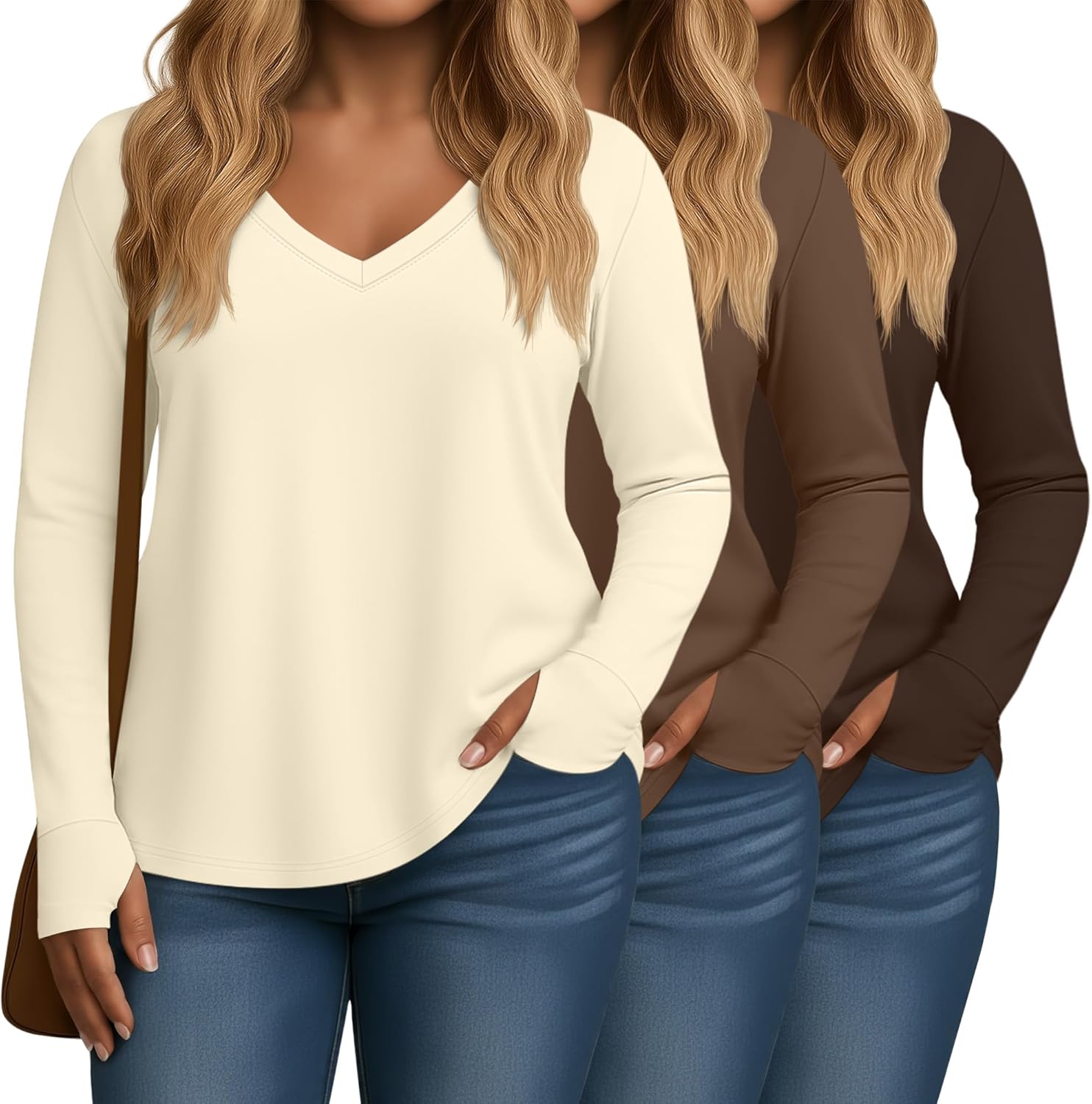 Huukeay 3 Pack Women's Plus Size Long Sleeve Shirts Thumb Holes V Neck Tunic Tops Loose Fit Curved Hem Casual 2026 Y2k Tees