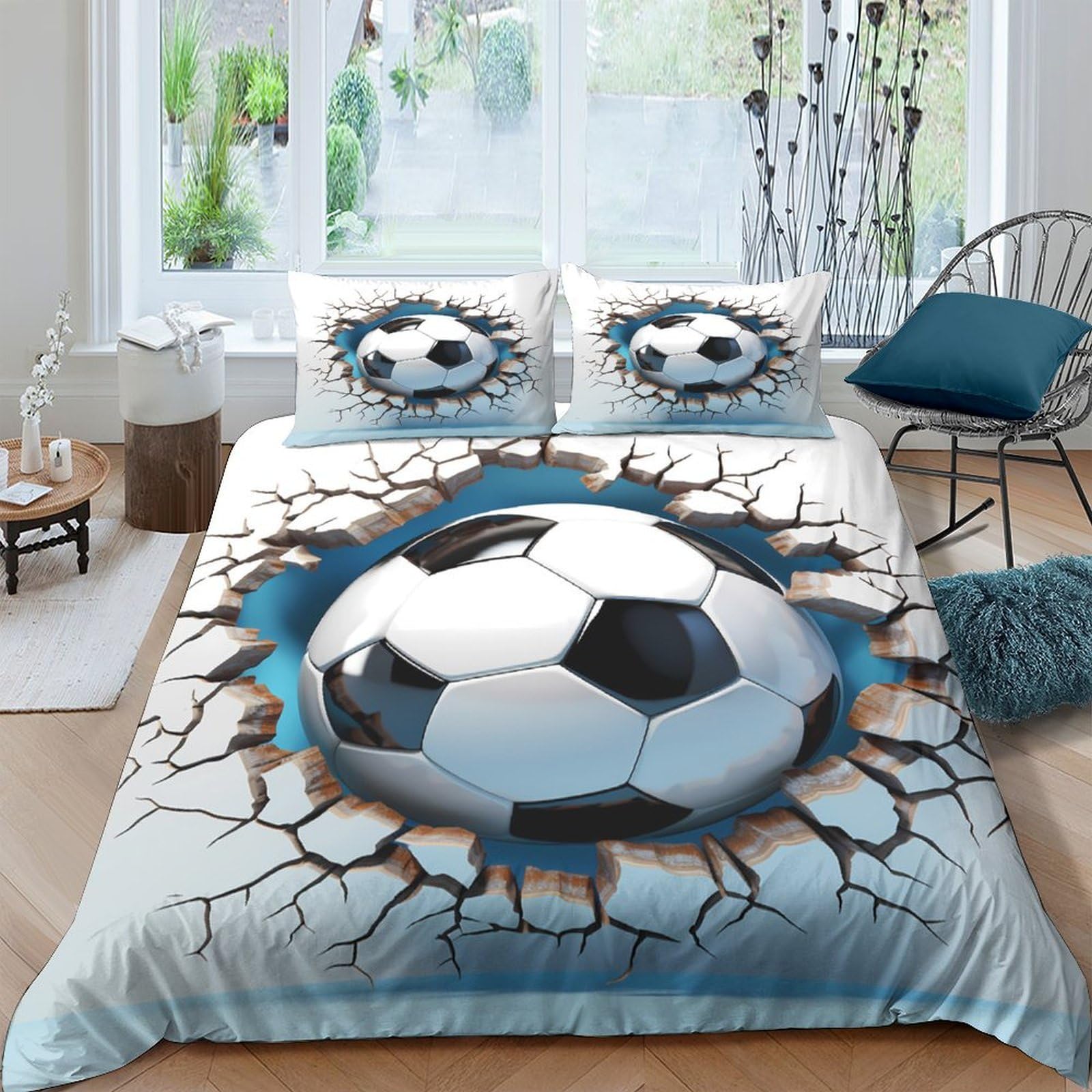 TUFRTGYHN 3D Printed Soccer Ball Duvet Cover Microfiber Soft Breathable Cracked Ground Bedding Set with 2 Pillowcases for Bedroom Decor Single（135x200cm）