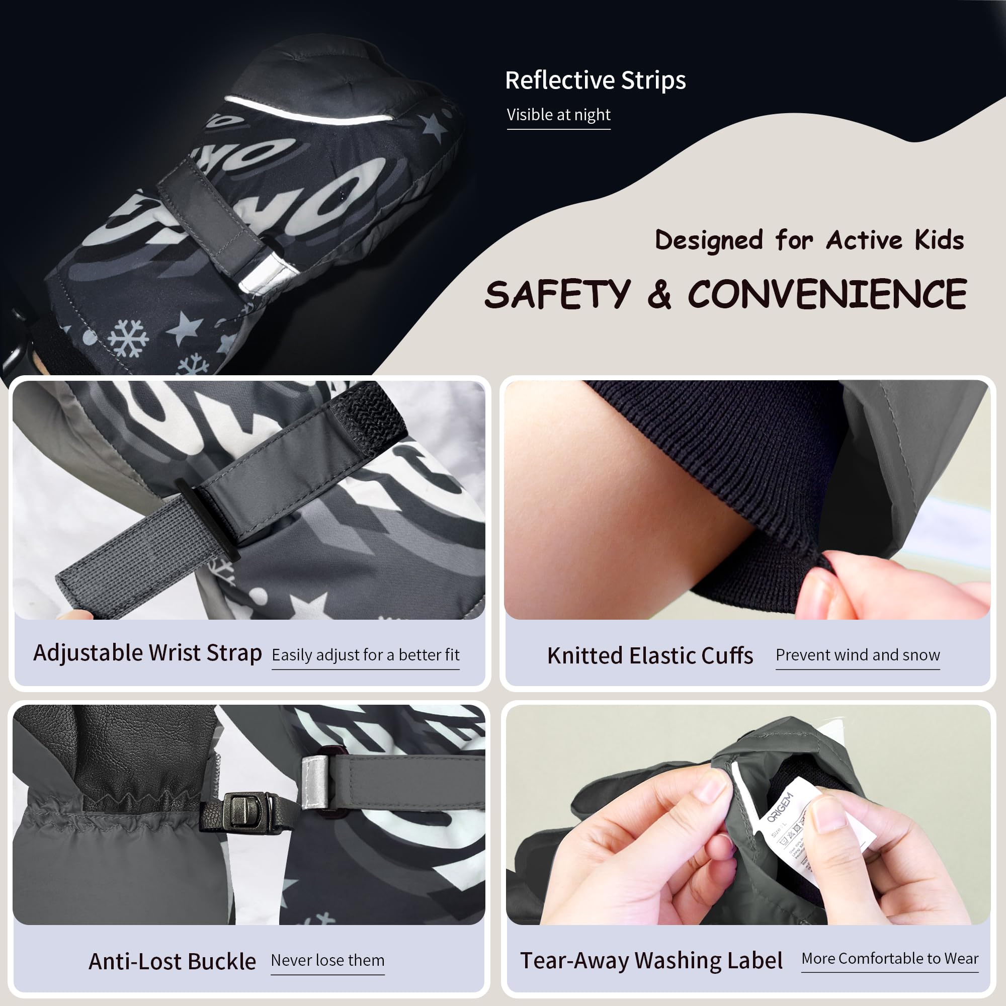 Origem Guanti Neve Invernali Bambino Bambina, 3M Thinsulate Impermeabili Guanti Sci Termici con Touchscreen a 5 Dita Riflettenti Antiscivolo per Bambini 4-14 anni Snowboard Sciare Calcio Bici