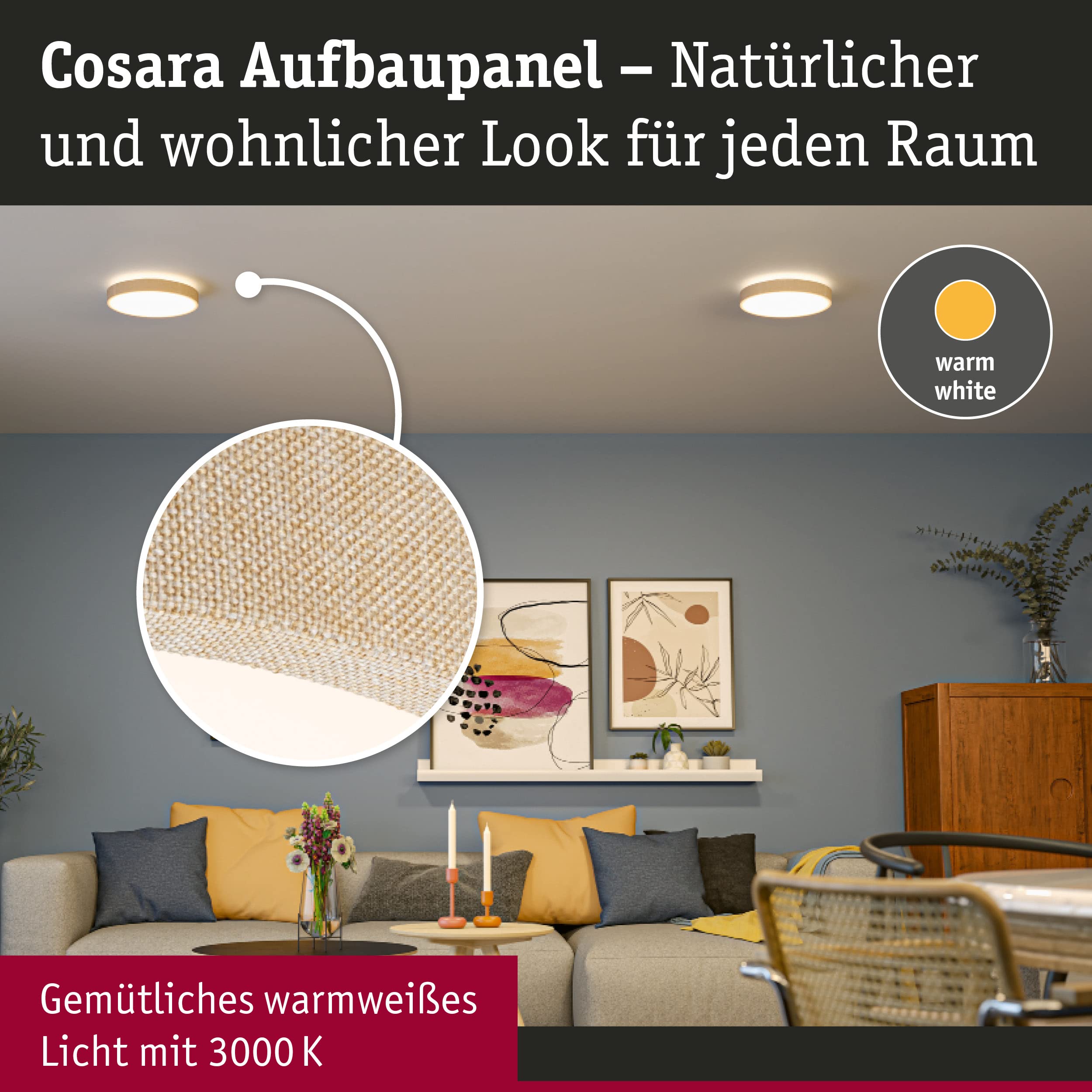 Paulmann 71052 LED Panel Cosara rund 15W IP44 1300lm 300mm Deckenleuchte in Beige Stoff/Kunststoff 3000K - Warmweiß Badleuchte