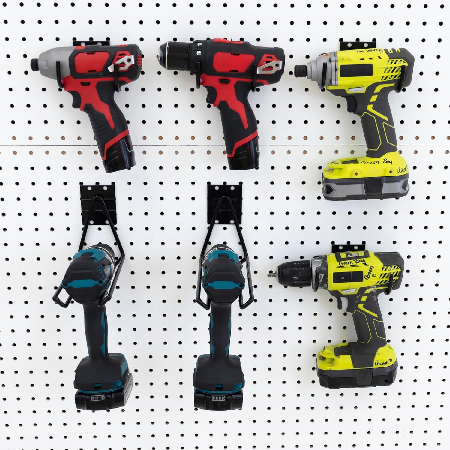 Heavy-Duty Drill-Hook Garage Utility Variety Pack fits both Slatwall and Pegboard, Incl: Two Impact Drill Hooks, Two Large Drill Hooks, Two Front Facing Drill/Garden-Tool Hooks