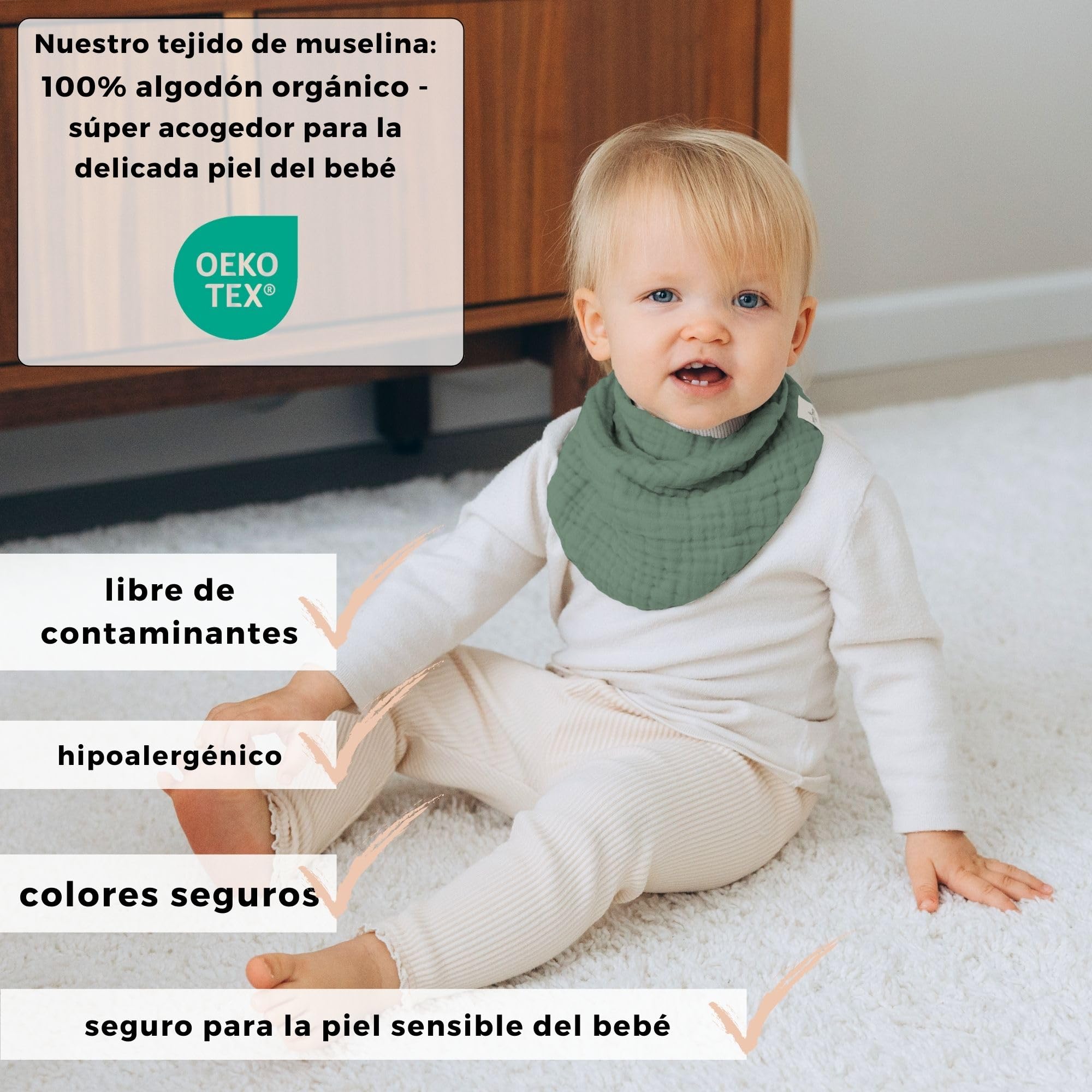 Baberos Bebe Recien Nacido (muy suave) muselina algodón orgánico ecologico GOTS + OEKO Tex 100 | absorbente y transpirable | Babero Bandana Bebe triangulares elegantes, bebe accesorios