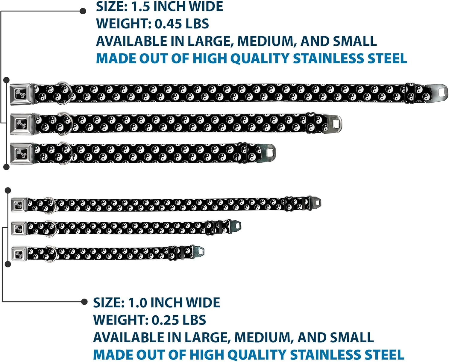 Dog Collar Seatbelt Buckle Yin Yang Monogram Black White 18 to 32 Inches 1.5 Inch Wide