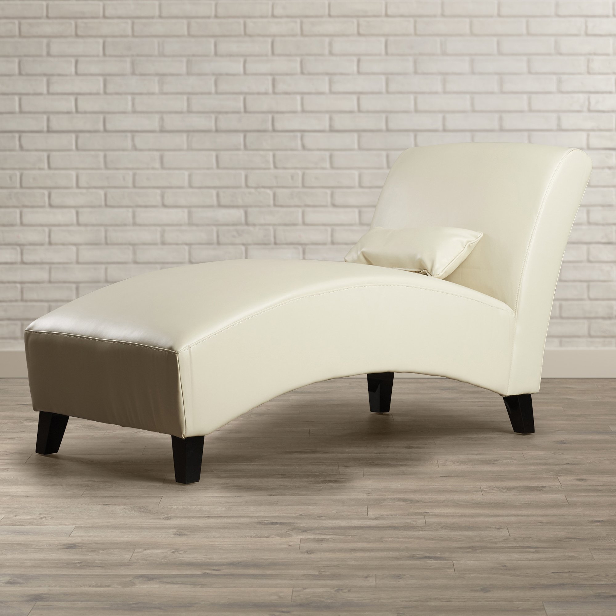 Contemporary Chaise Lounge Chair - Living Room Furniture - Faux Leather Upholstered Over Wood Frame - Accent Pillow Included (Cream)