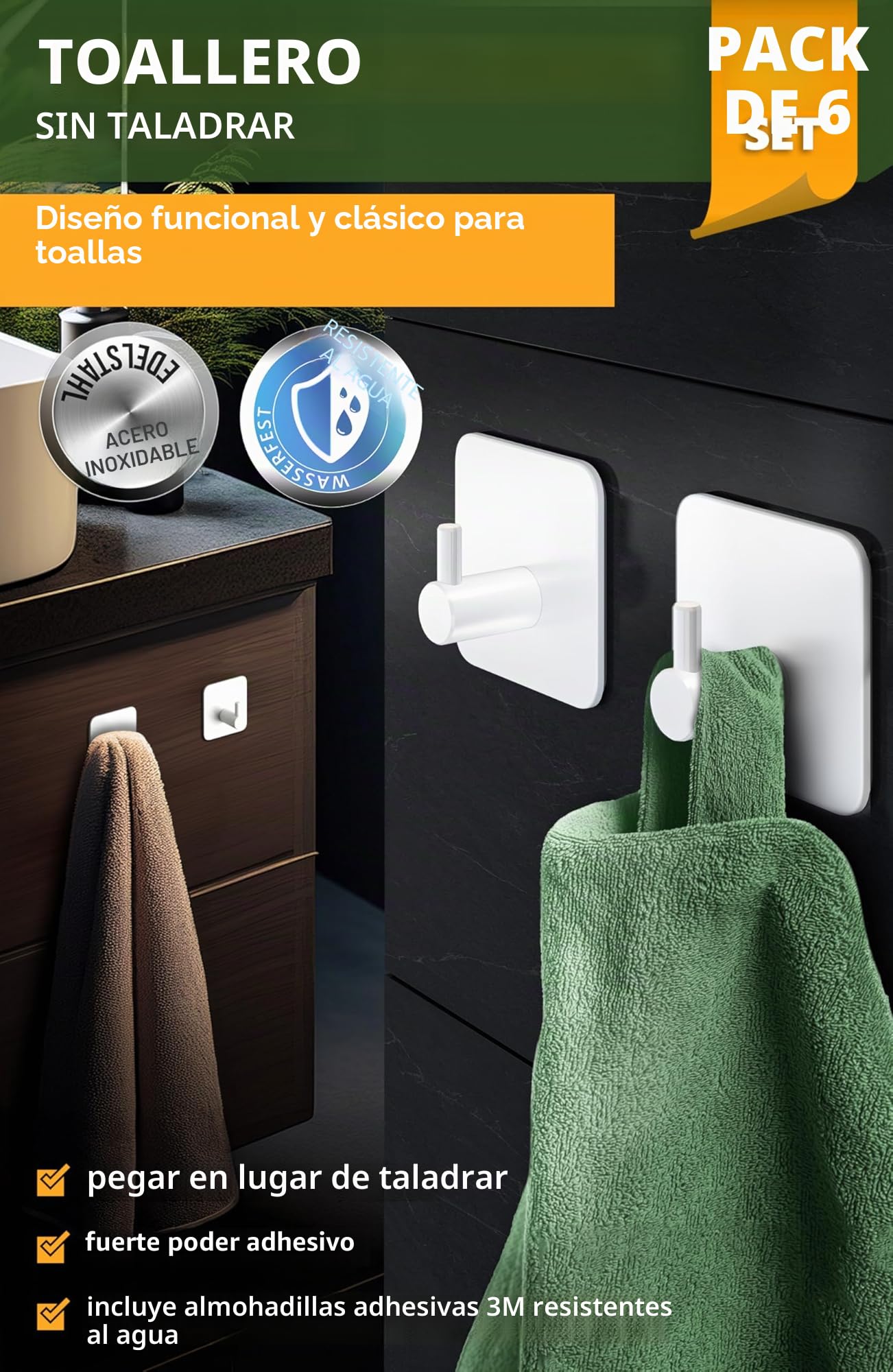 4smile ganchos adhesivos para pared - 6 piezas, Inoxidable - colgador toalla baño - toalleros sin taladro autoadhesivos resistentes, perchas para baño cocina, Blanco