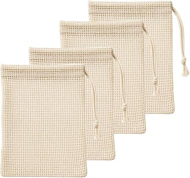 WHITEWRAP Set of 4 Reusable Cotton Produce Bags 100% Natural Mesh Grocery Bags, Eco-Friendly & Washable, Lightweight & See-Through, Double-Stitched with Tare Weight for Fruits & Vegetables Small