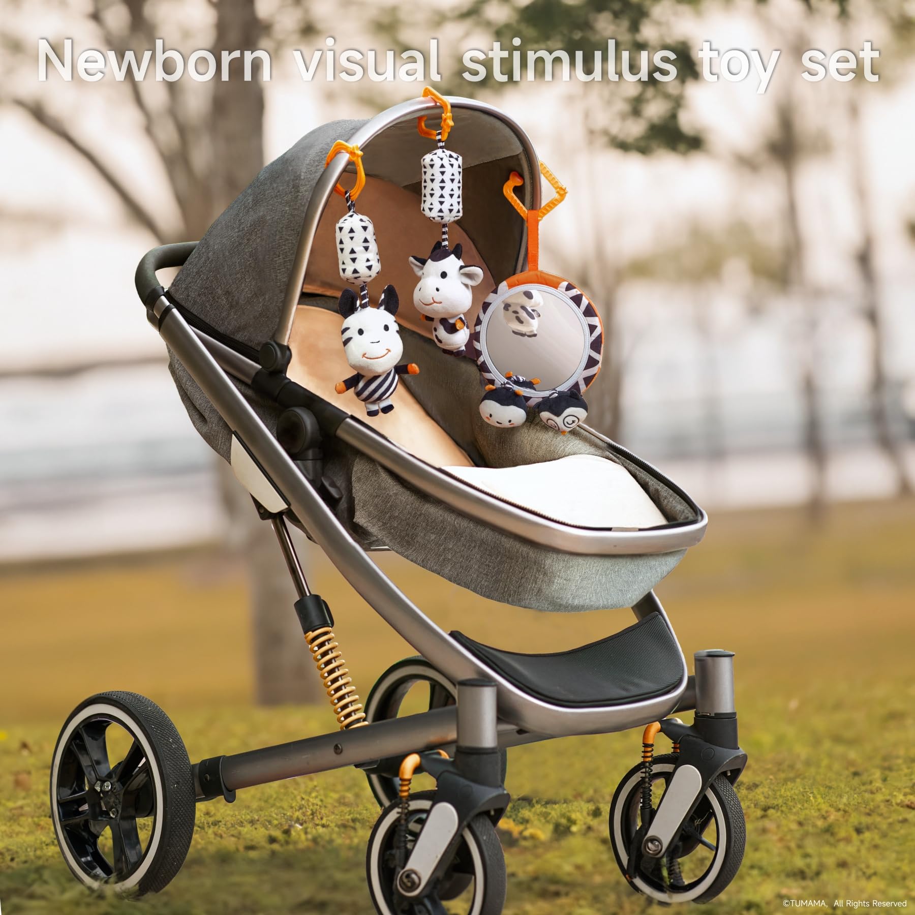 TUMAMA Jouet Hochet Bebe 0 2 3 4 6 8 9 Mois, Poussette Livre Noir Et Blanc Bébé 0-3 Mois Avec Le Miroir, Peluche Jouets livres D'éveil Cadeau pour Naissance Nouveau Né Garçons et Filles (4pcs)