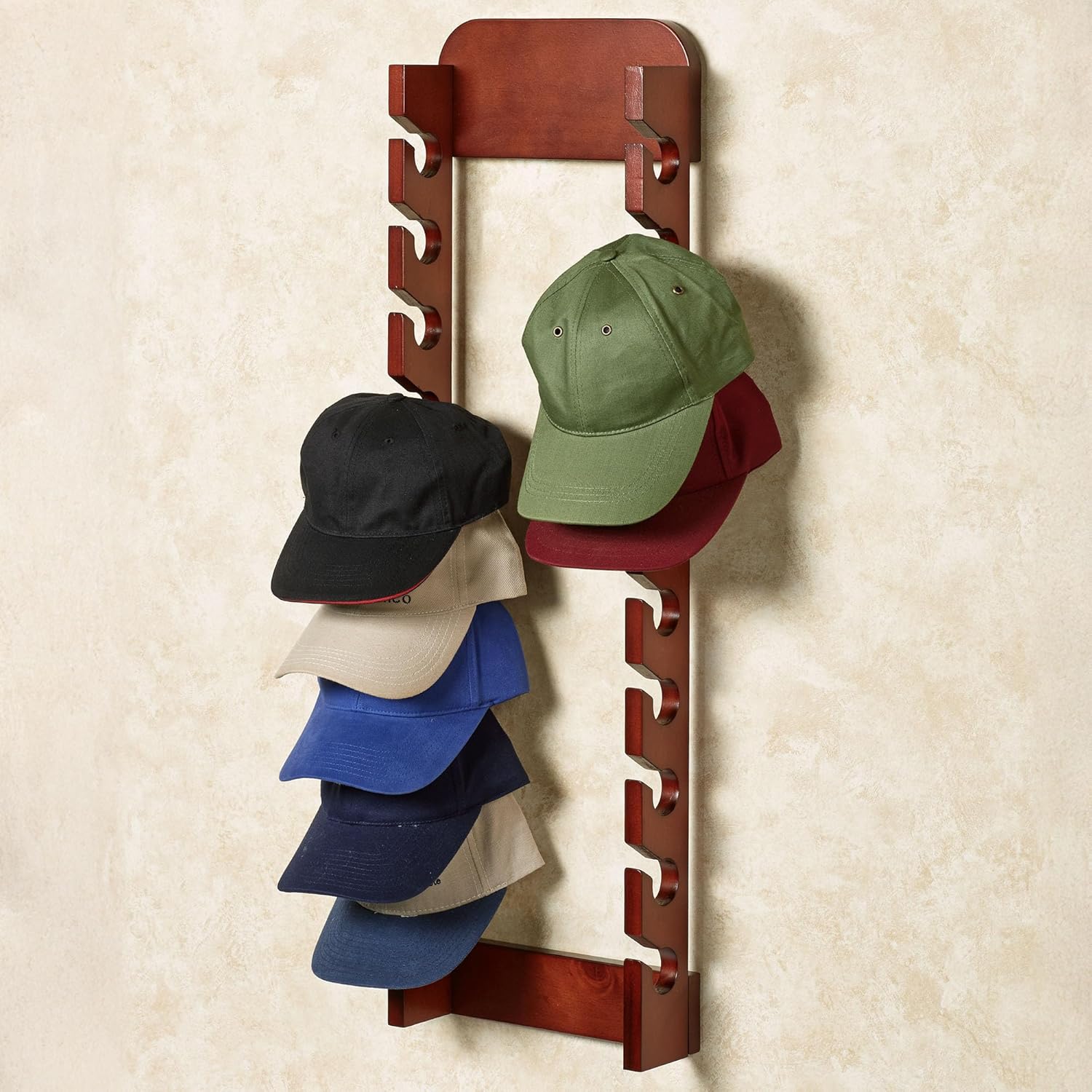 Touch of Class Wooden Cap Display Rack, Classic Cherry, Double Rack 20 Hat Slots, Handcrafted, Made of Solid Wood, Vertical Display, 10 Inches Width