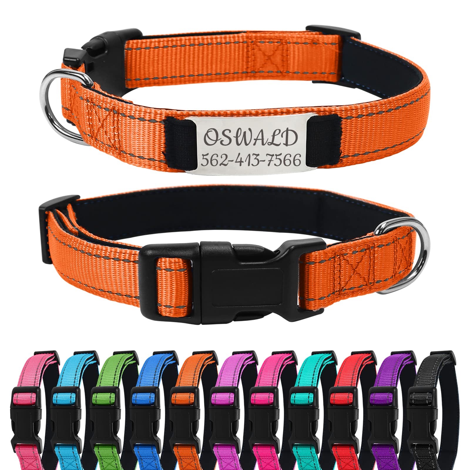Uiopa Reflective Dog Collar with Name Plate, Personalised Dog Collars with Name & Phone Number, Adjustable Dog Collar for Small Medium Large Dogs, Large Dog Collar Orange