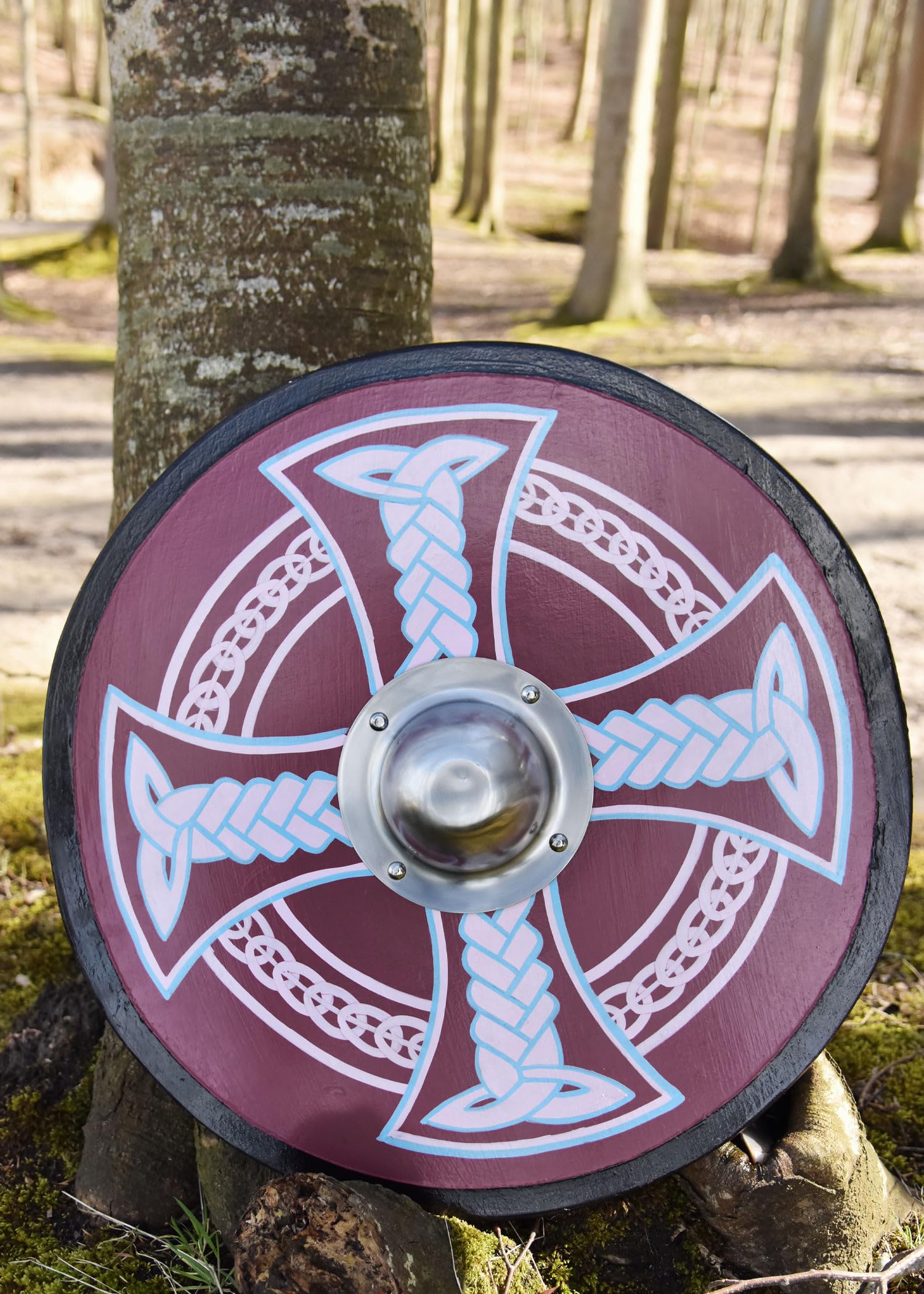 Battle-Merchant | Rundschild mit Keltenkreuz-Motiv | handbemalter Wikingerschild aus Holz | 61cm (24 Zoll) | Wikinger Mittelalter Schild für Erwachsene