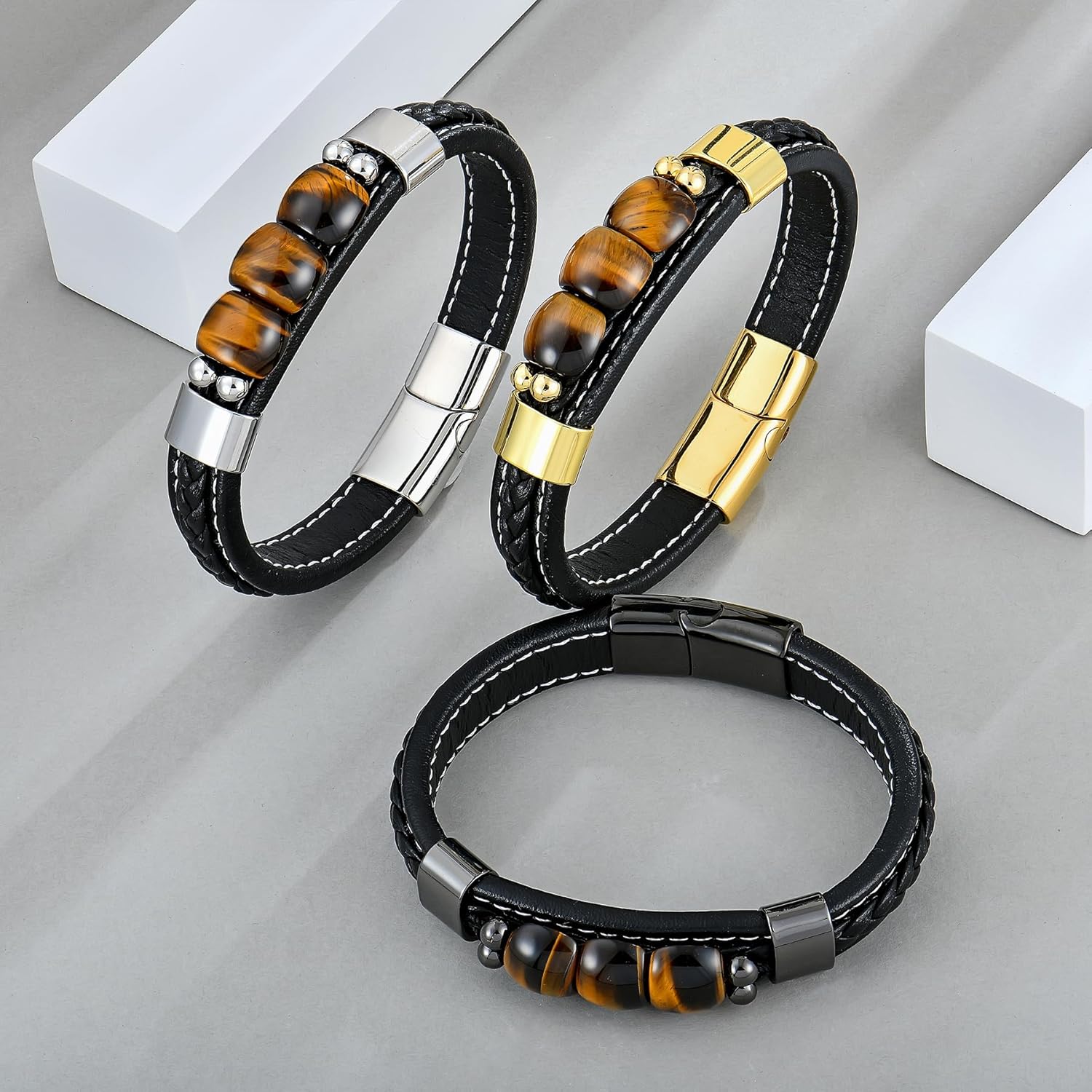 STARCHENIE Multi Strand Bracelet for Men Square Authentic Tiger Eye Black Braided Leather Mens Bracelet and Stainless Steel Buckle - Image 5