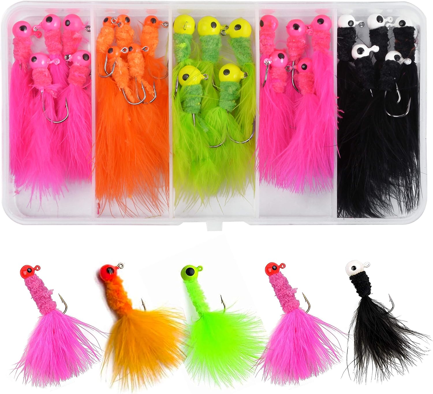 Marabou Jigs Fishing Lure,25pcs Hair Feather Jig Heads Hooks 1/32oz 1/16oz 1/8oz for Panfish Sunfish Bluegill Trout Walleye Bass Jigs : Sports & Outdoors