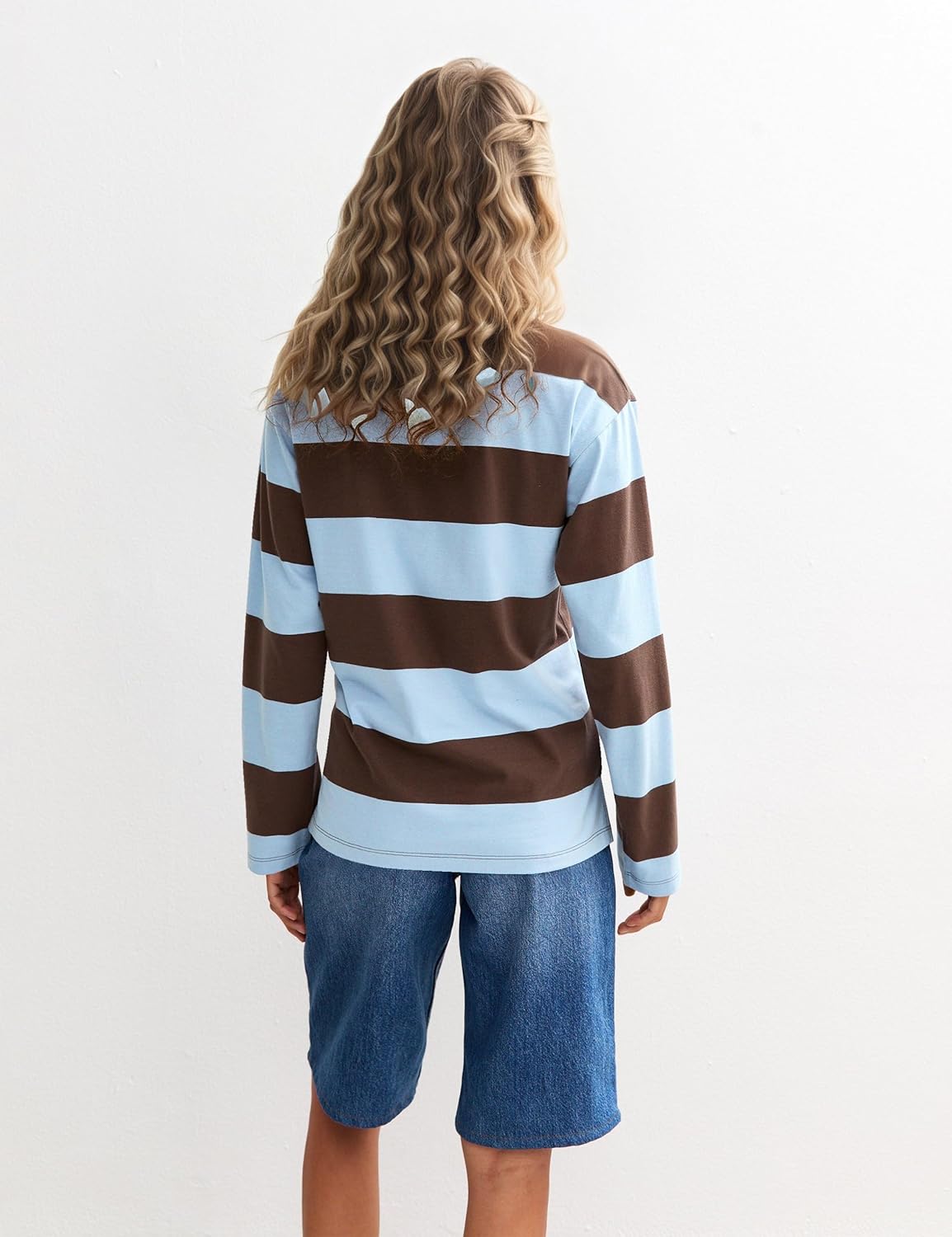 MISSACTIVER Womens Striped Polo Long Sleeve Shirts Color Block Lapel V Neck Workout Tops Fall Loose Rugby Tshirts Blouse Blue Brown - Image 3