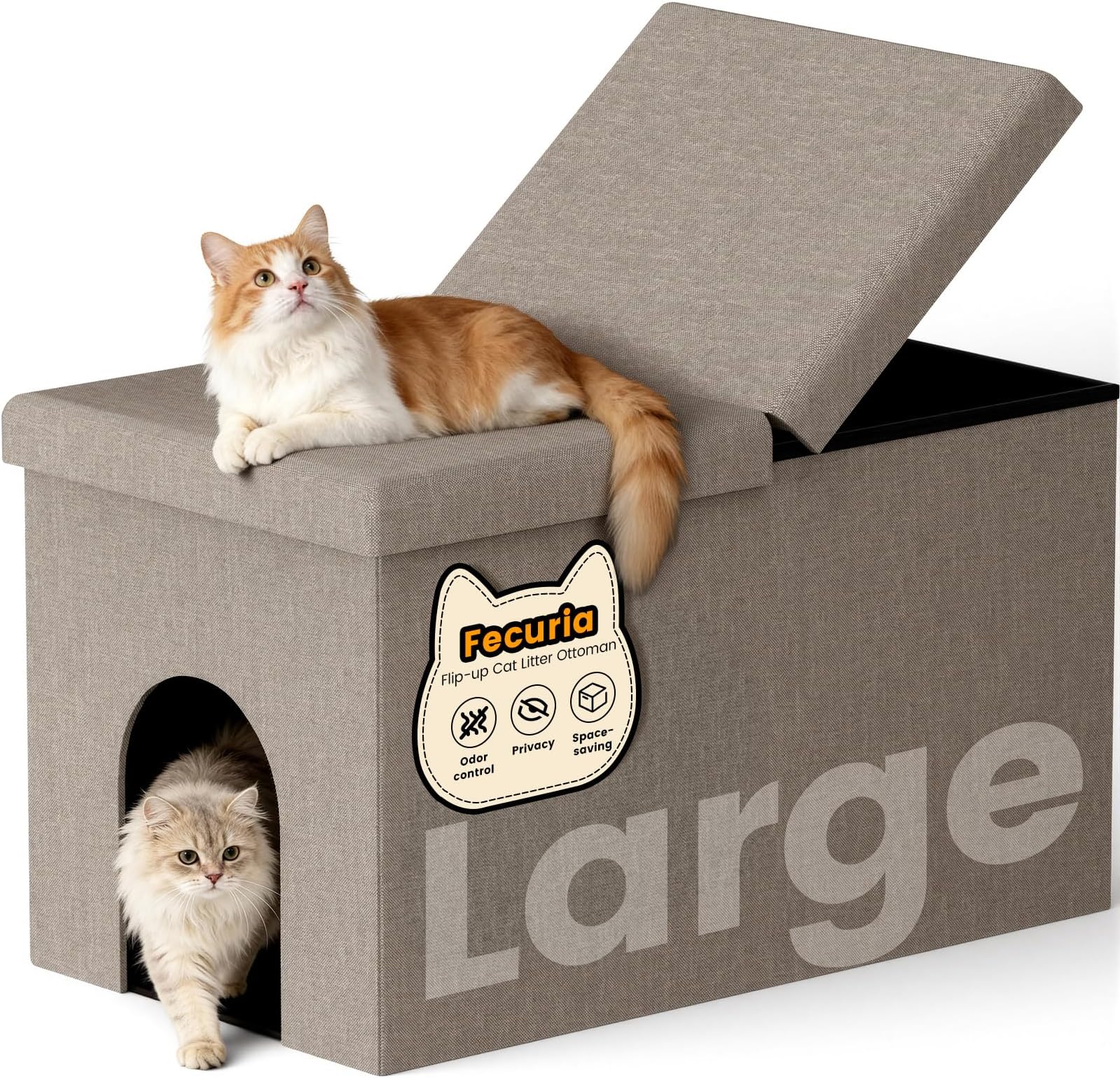3-in-1 Cat Litter Box Enclosure with Odor Control, Multi-Functional Hidden Litter Box Furniture Bench, Dog Proof, Space-Saving Ottoman Cabinet with Flip-Up Lid, Storage Footrest, Light Grey
