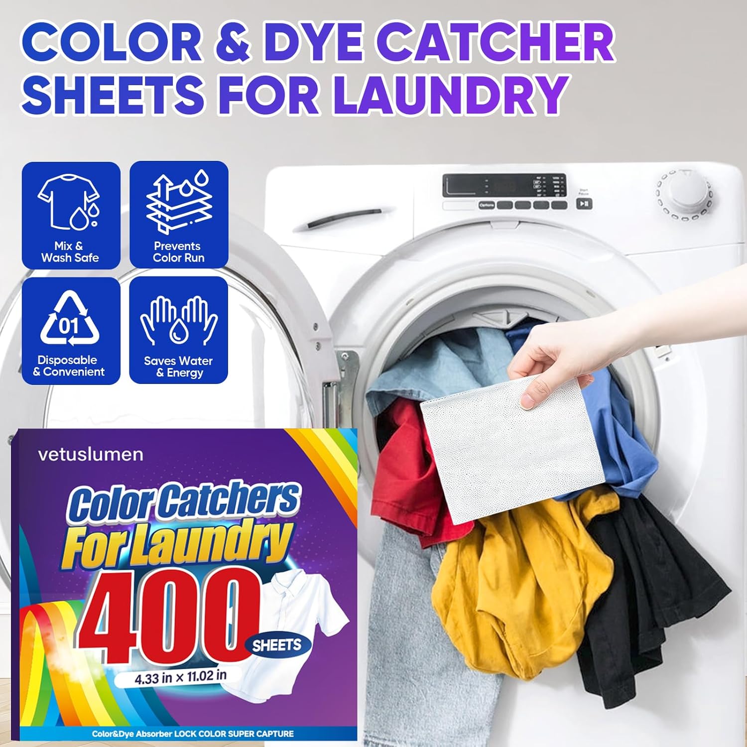 Veuslumen Color Catchers for Laundry - 400 Count Color Absorber Sheets Prevent Color Bleeding & Protect Colors, Lock in Dyes Allow Safe Mixed Washes for All Machines