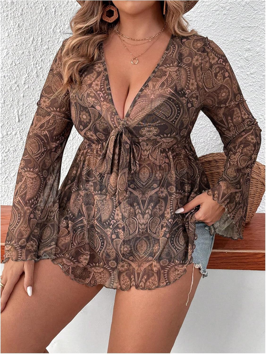 GORGLITTER Women's Plus Size Mesh Bell Sleeve Top 70s Tie Front Paisley Boho Peplum Babydoll Tops Blouse - Image 3