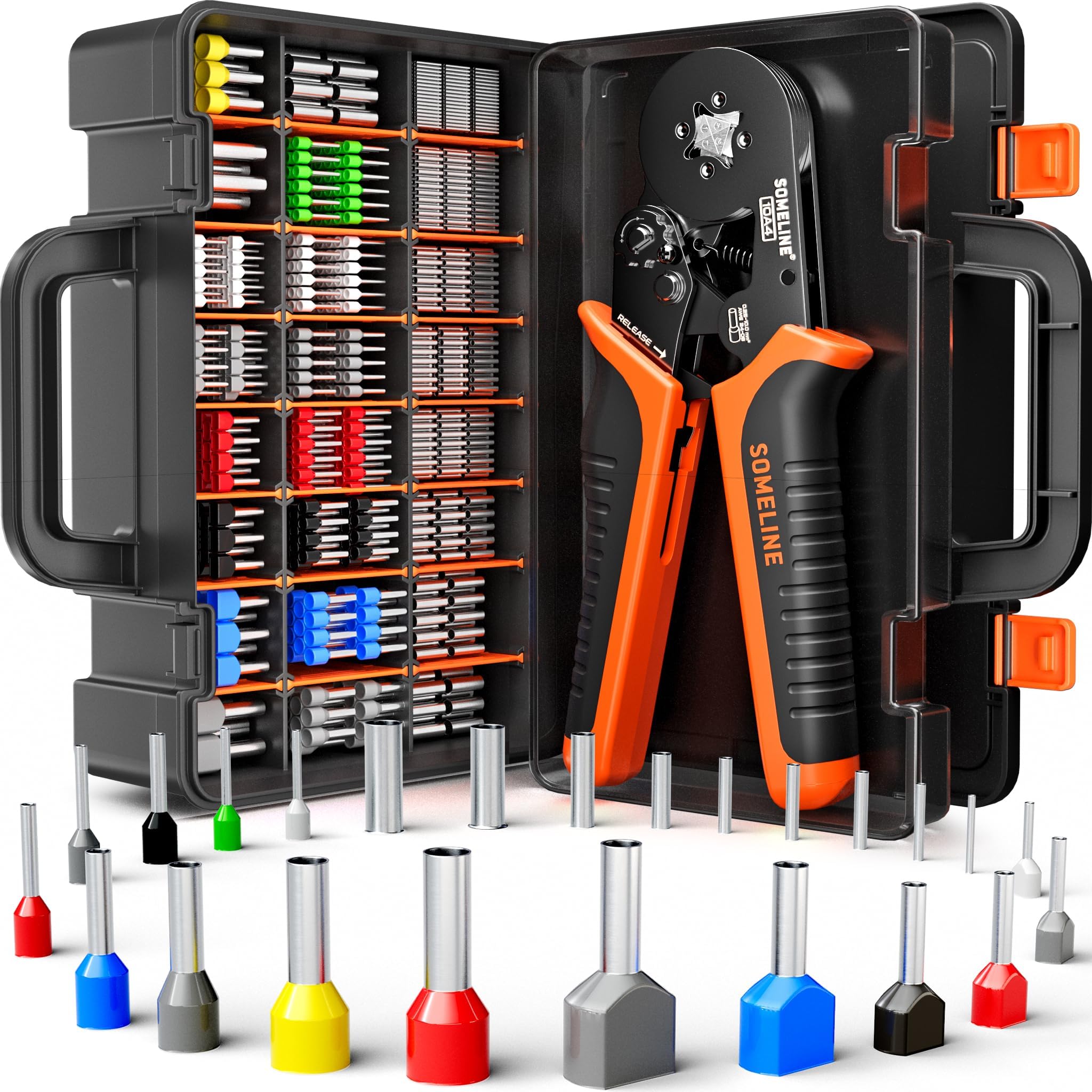 SOMELINE® Ferrule Crimping Tool Kit, Self-Adjusting Pliers for Wire Ferrules AWG 24-8, With 24 Sizes Insulated and Uninsulated Wire Ferrules Terminals, Square Crimp Connector Assortment Kit