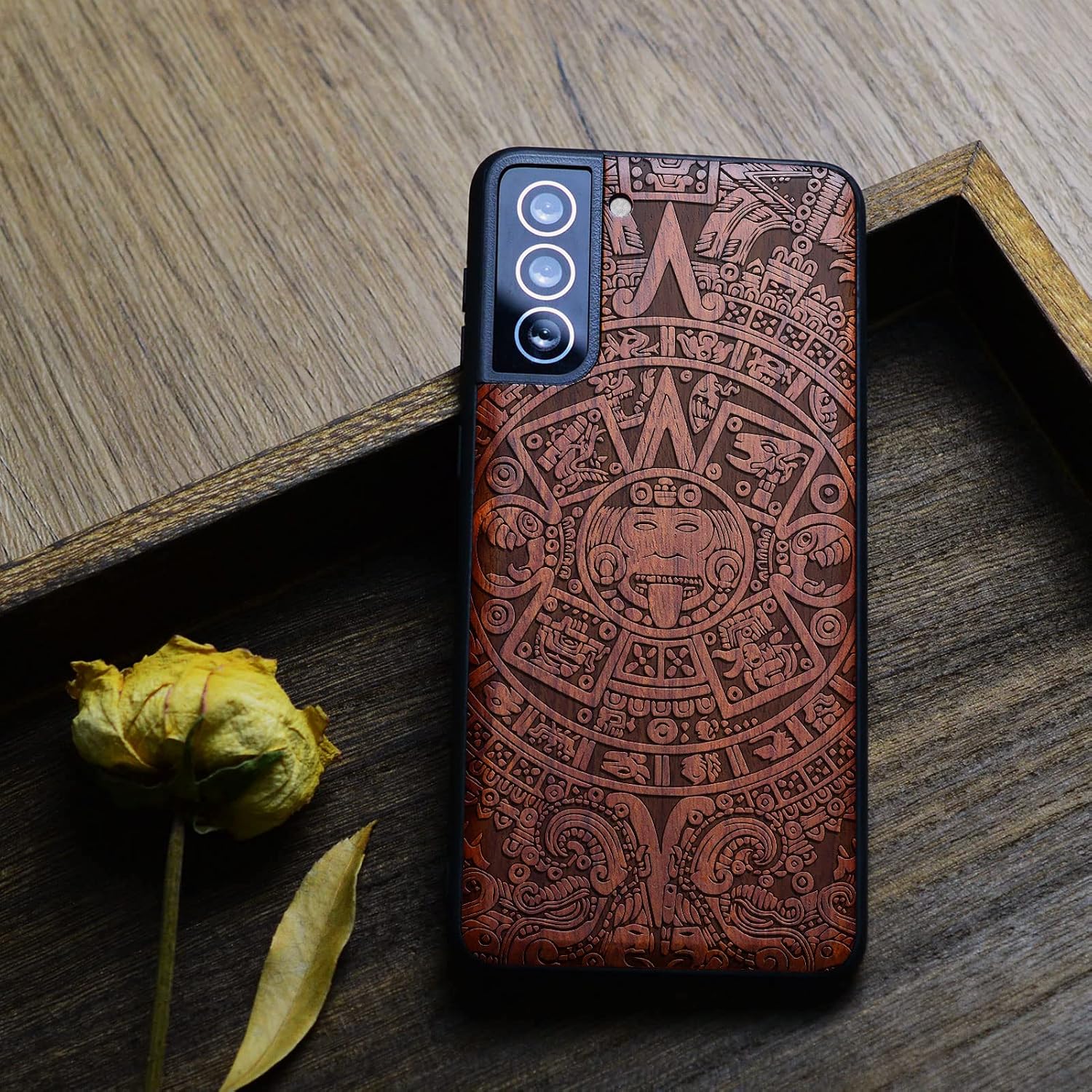 Carveit Wood Case for Galaxy S21 Plus Case [Natural Wood & Black Soft TPU] Shockproof Hybrid Protective Unique Wooden Cover Compatible with S21 Plus 5G (Mayan Symbols-Rosy)