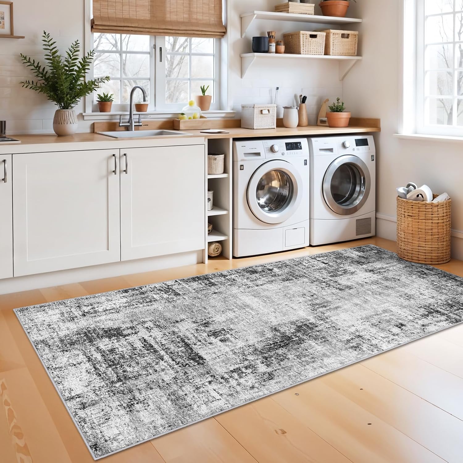 Runners for Hallways 3x8ft: Modern Abstract Washable Kitchen Rug Non Slip Throw Carpet for Bedroom Laundry - Distressed Low Pile Thin Soft Wide Floor Mat Gift for New Home Newlyweds(Black 3x8)