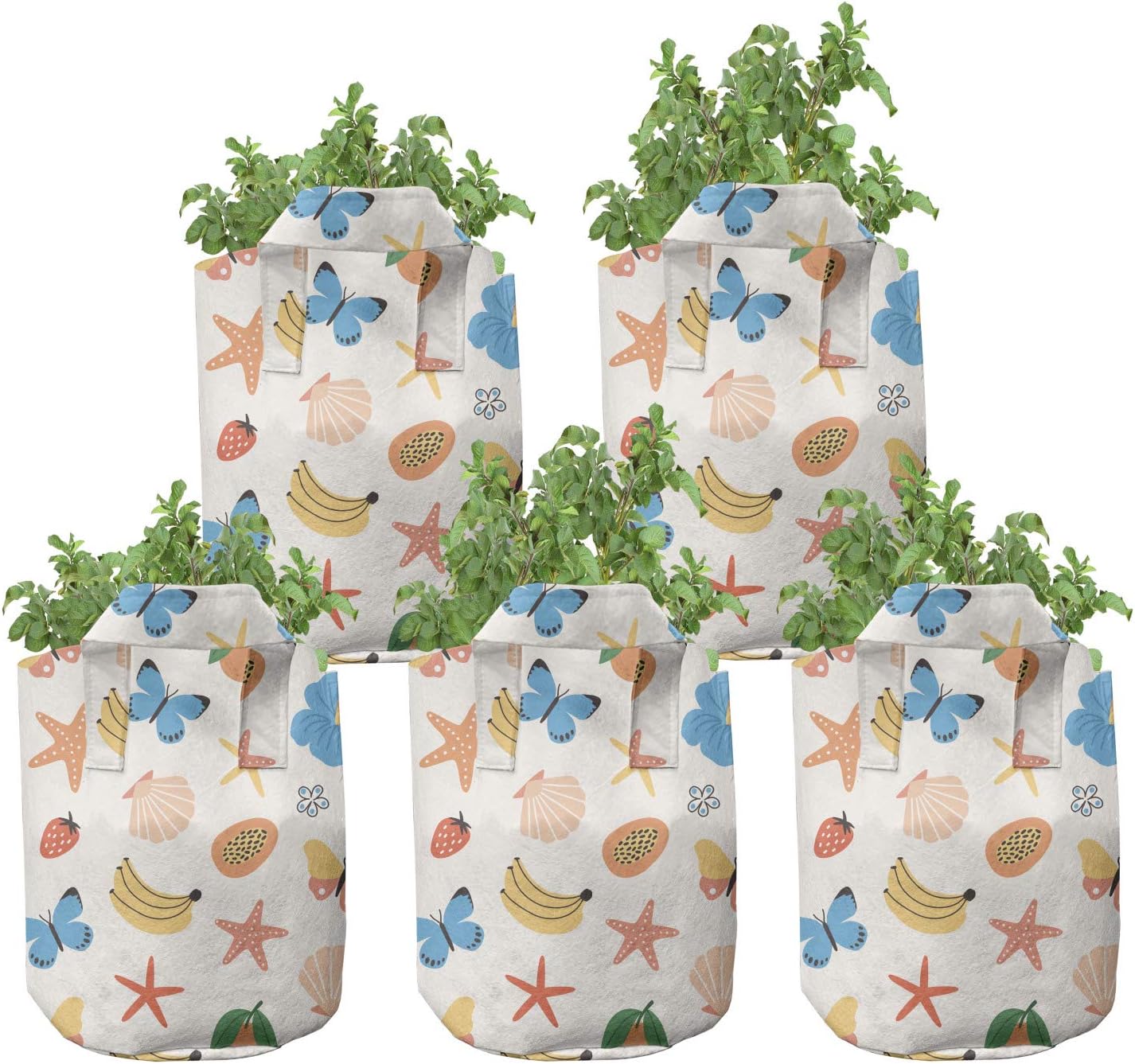 Ambesonne Summer Grow Bags 5-Pack, Fruits Flowers Seashells, Heavyduty Fabric Pots with Handles for Plants, 5 Gallon, Multicolor