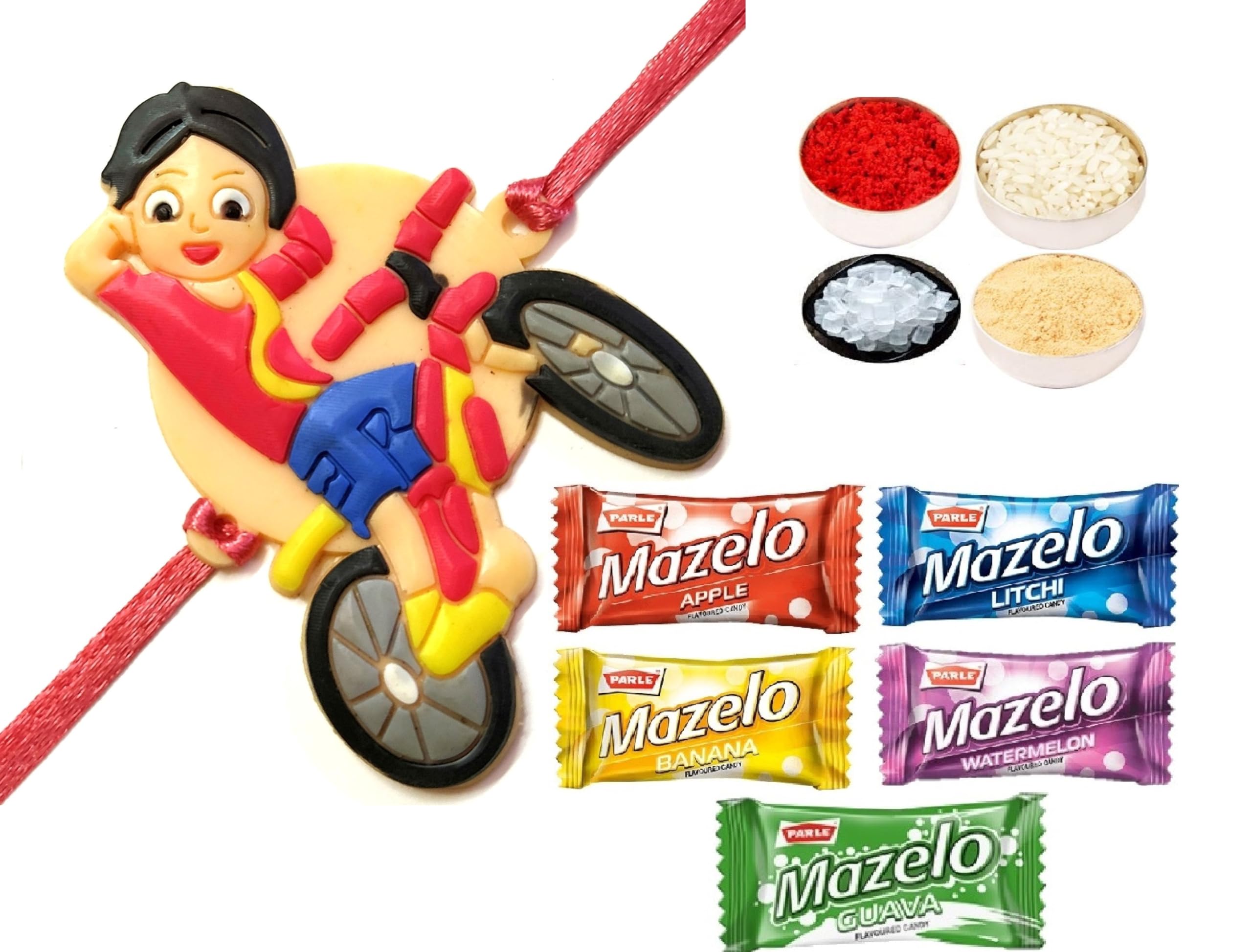 Cartoon Rakhi for Kids Shiva Cycle, 5 Parle Mazelo Fruit Candy Sweet, Tikka Pack for Bhai Bhaiya Brother Gift
