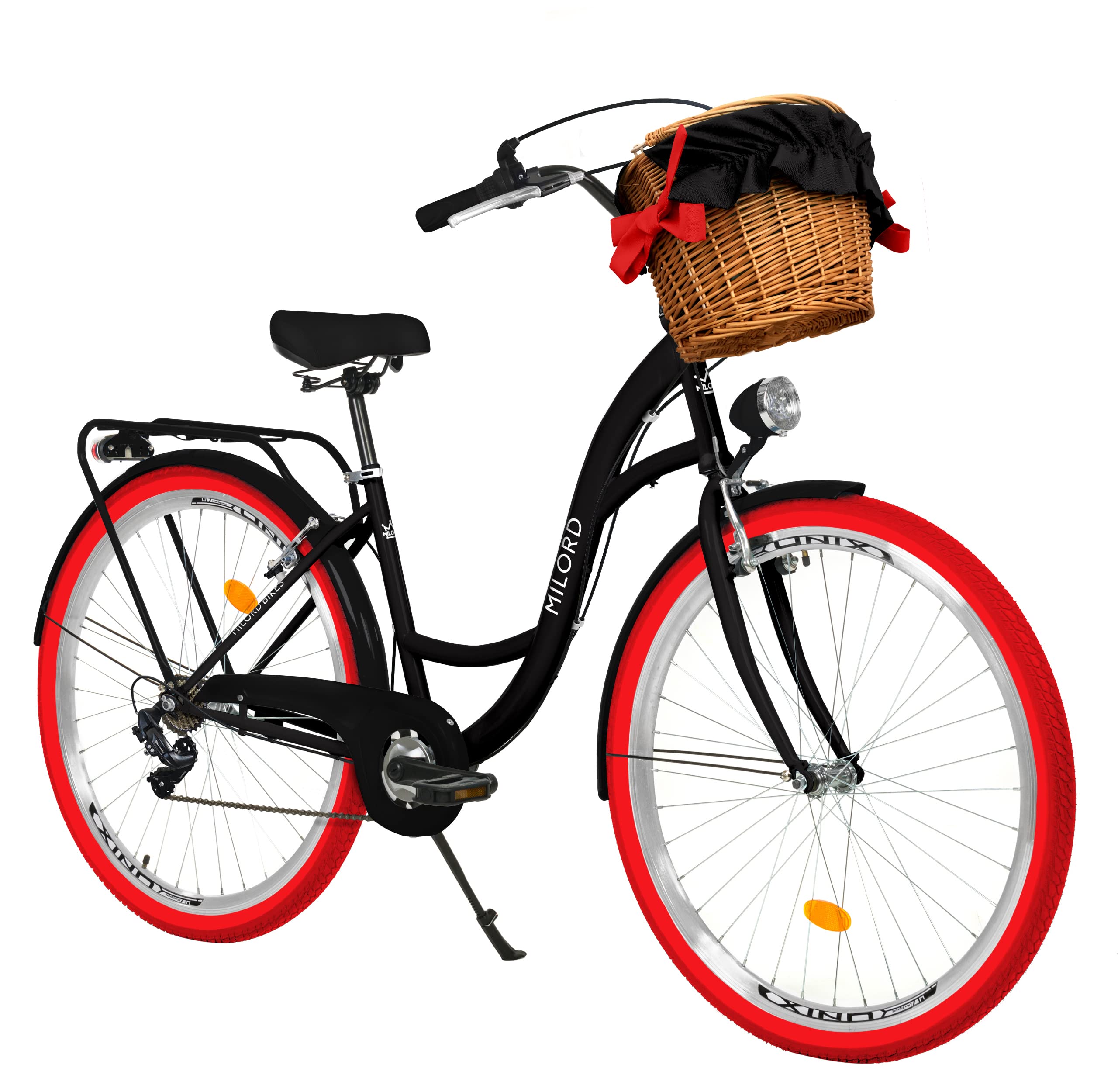 Milord Komfort Fahrrad mit Weidenkorb, Hollandrad, Damenfahrrad, Citybike, Vintage, 28 Zoll, Schwarz-Rot, 7-Gang Sport & Freizeit