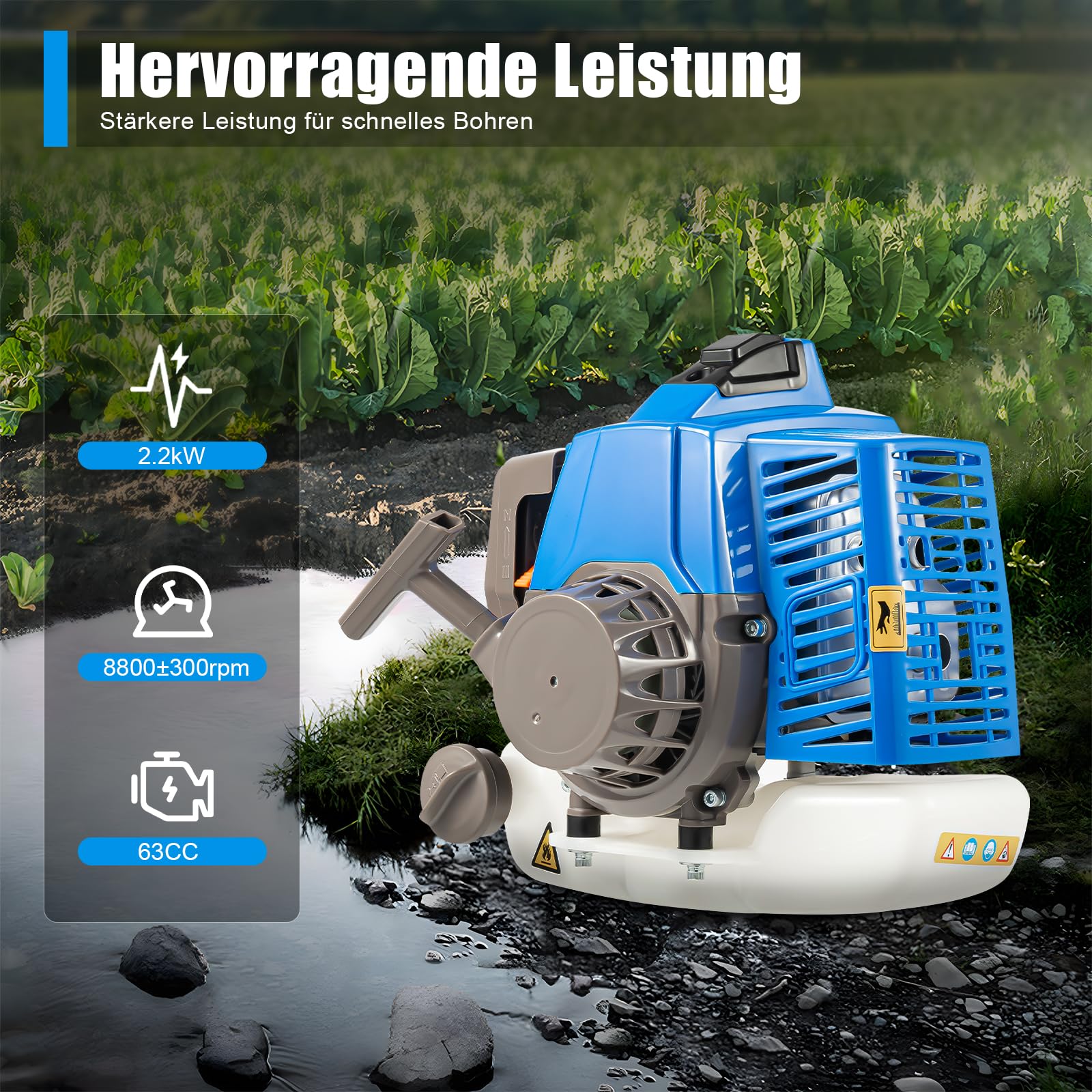 63CC 2,2 kW - Broca de tierra a gas de 2 tiempos con puntas y ruedas de 300 mm – Taladro de tierra deslizante manual para construcción, huerto y jardín profesional