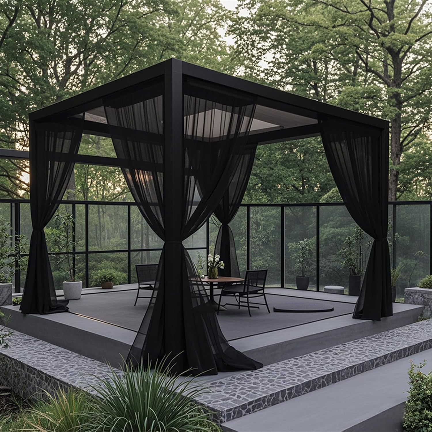 Outdoor Sheer Curtains for Patio, 2 Panels Waterproof Light Filtering Voile Outside Curtains Screen Mesh Net Privacy Drapes Rod Pocket for Front Porch, Gazebo, Black, 63" W x 120" L