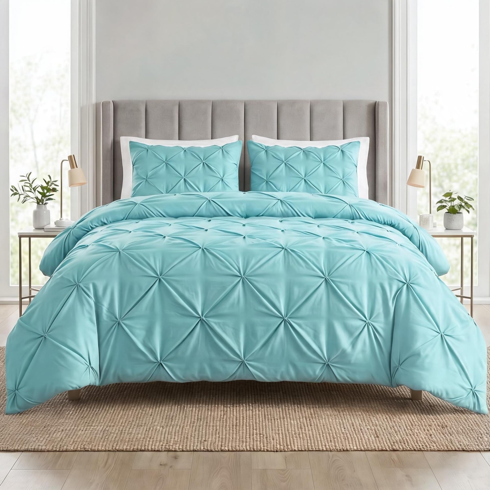 Q & H QUALITY HOUSEHOLD Q&H Pintuck Double Duvet Cover Set Duck Egg with Pillow Cases - Soft Brushed Microfiber Quilt Cover - Breathable, Wrinkle Resistant, Easy Care Bedding Set