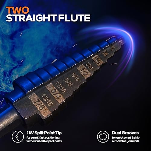 Miniatura 6 de KSEIBI 598240 Unibit - Juego de 5 brocas escalonadas de grado industrial, 3 vástagos planos, kit de brocas de metal de acero de alta velocidad,