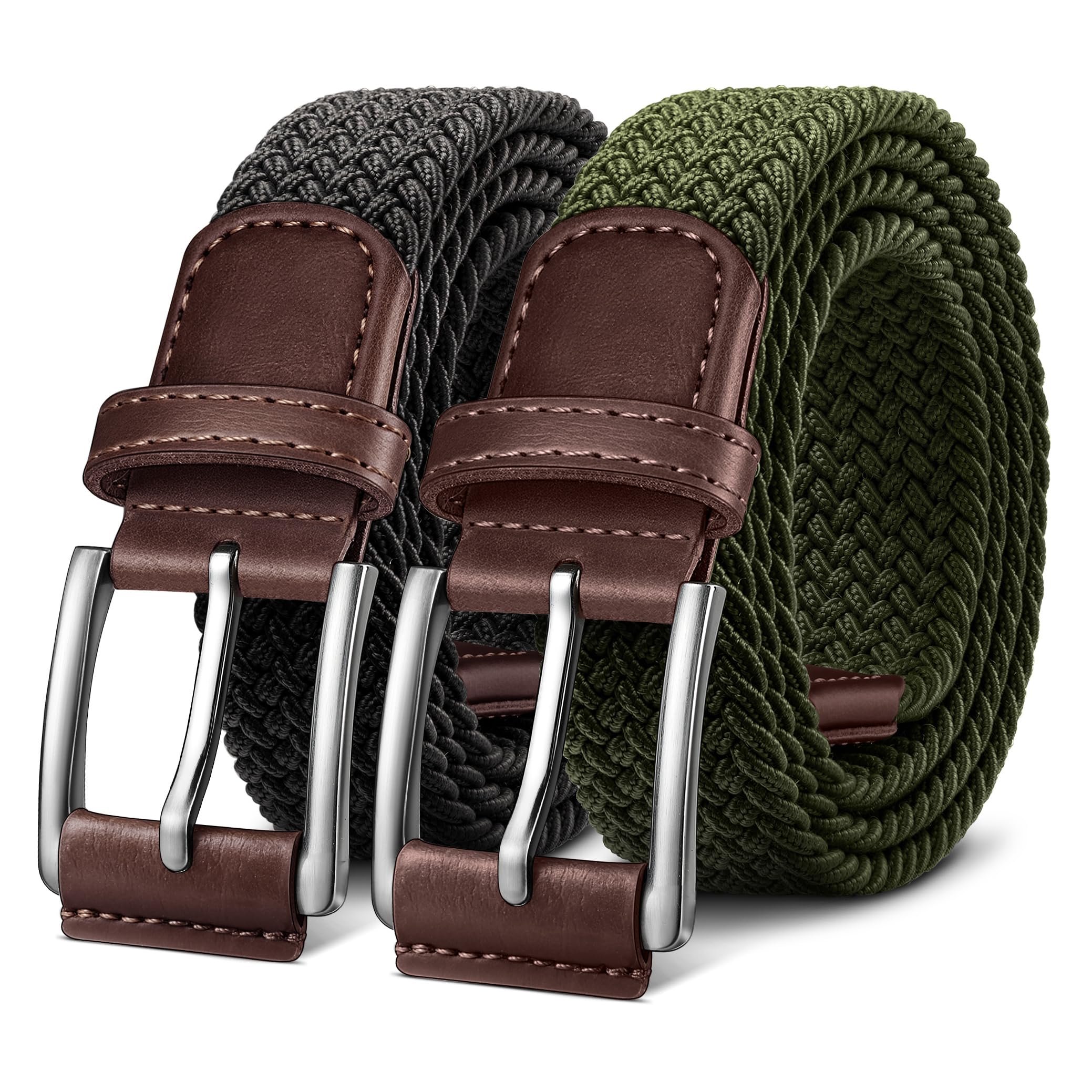 BULLIANT Woven Braided Stretch Web Belt 2Pack for Men 1 3/8"-Gift Boxed