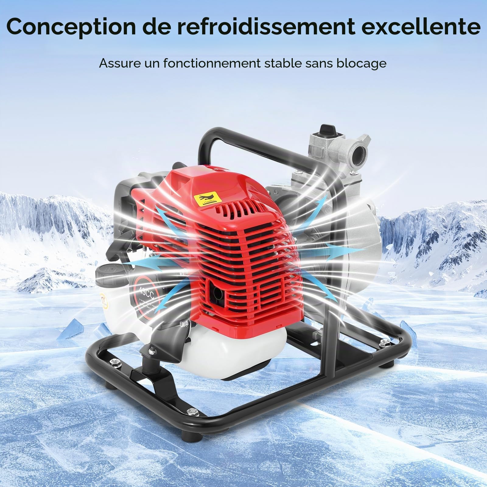 Pompe à eau à essence 43 cc, moteur 2 temps de 1,7 CV, pompe à eau portable de 1,25 kW, débit 10 m³/h, hauteur de refoulement max. 30 m, 8500 tr/min
