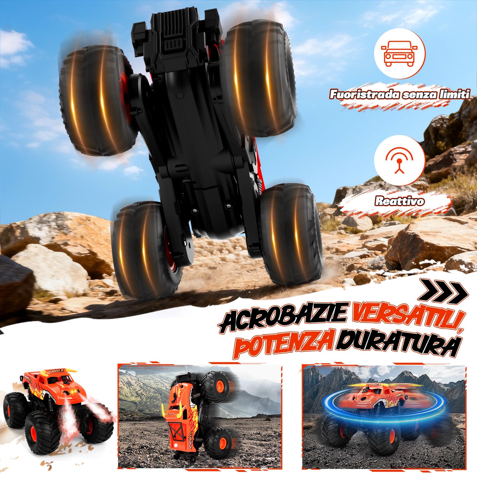 Charmofun Monster Truck Telecomandato, 2.4GHz Anfibio Macchina Telecomandata con Luce LED, Auto Telecomandata 1:16, 4WD RC Auto con Spruzzatore per bambini sopra gli 8 anni （RED)