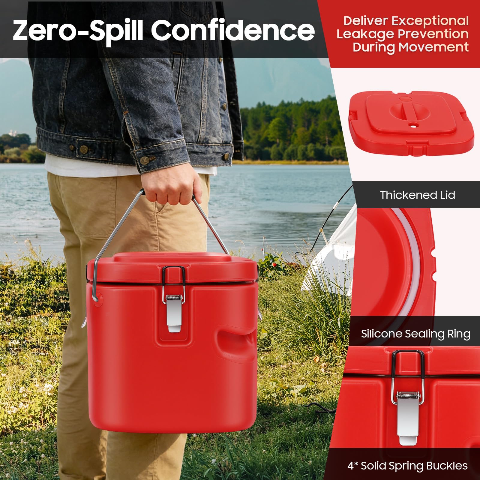 Treeisland Isolierter Suppenbehälter, 9,5 l Speisentransportbehälter mit Deckel, Transport Thermobehälter für Speisen und Getränke, Rot