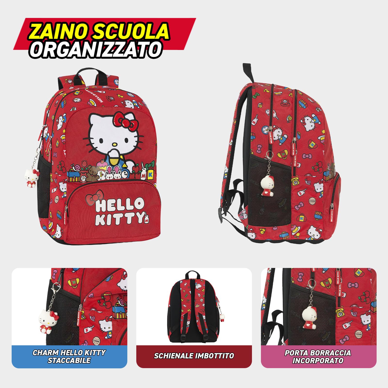 HELLO KITTY - Zaino Scuola Ufficiale Hello Kitty, 2 Ampi Spazi Centrali, Tasche Frontali e Laterali, Charm Staccabile, Spallacci Regolabili e Imbottiti, Schienale Termoformati, 32 x 43H x 23 cm, 31 L