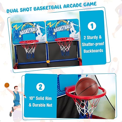 Miniatura 2 de Goplus Juego de baloncesto para niños juego de baloncesto de doble tiro para 2 jugadores con 4 pelotas y bomba de inflado juego deportivo para